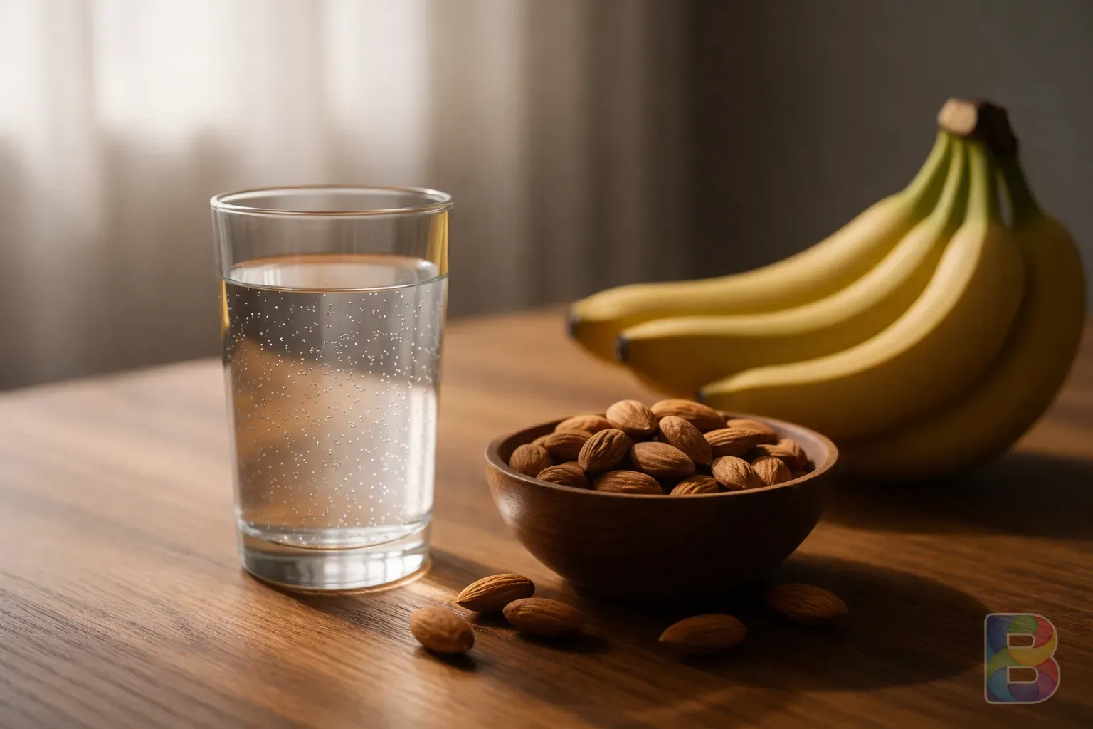 photorealistic, close-up of a glass of mineral water and a bowl of almonds and bananas on a wooden table, soft natural light, clean and healthy vibe