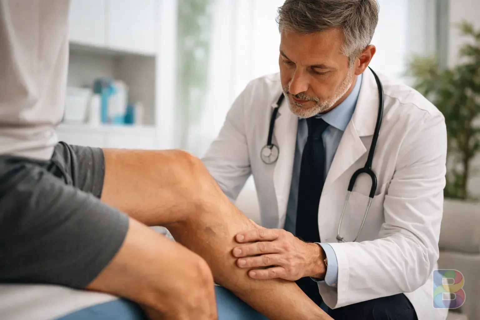 photorealistic, doctor examining a patient's leg for varicose veins or swelling in a bright modern clinic, professional medical setting, reassuring lighting