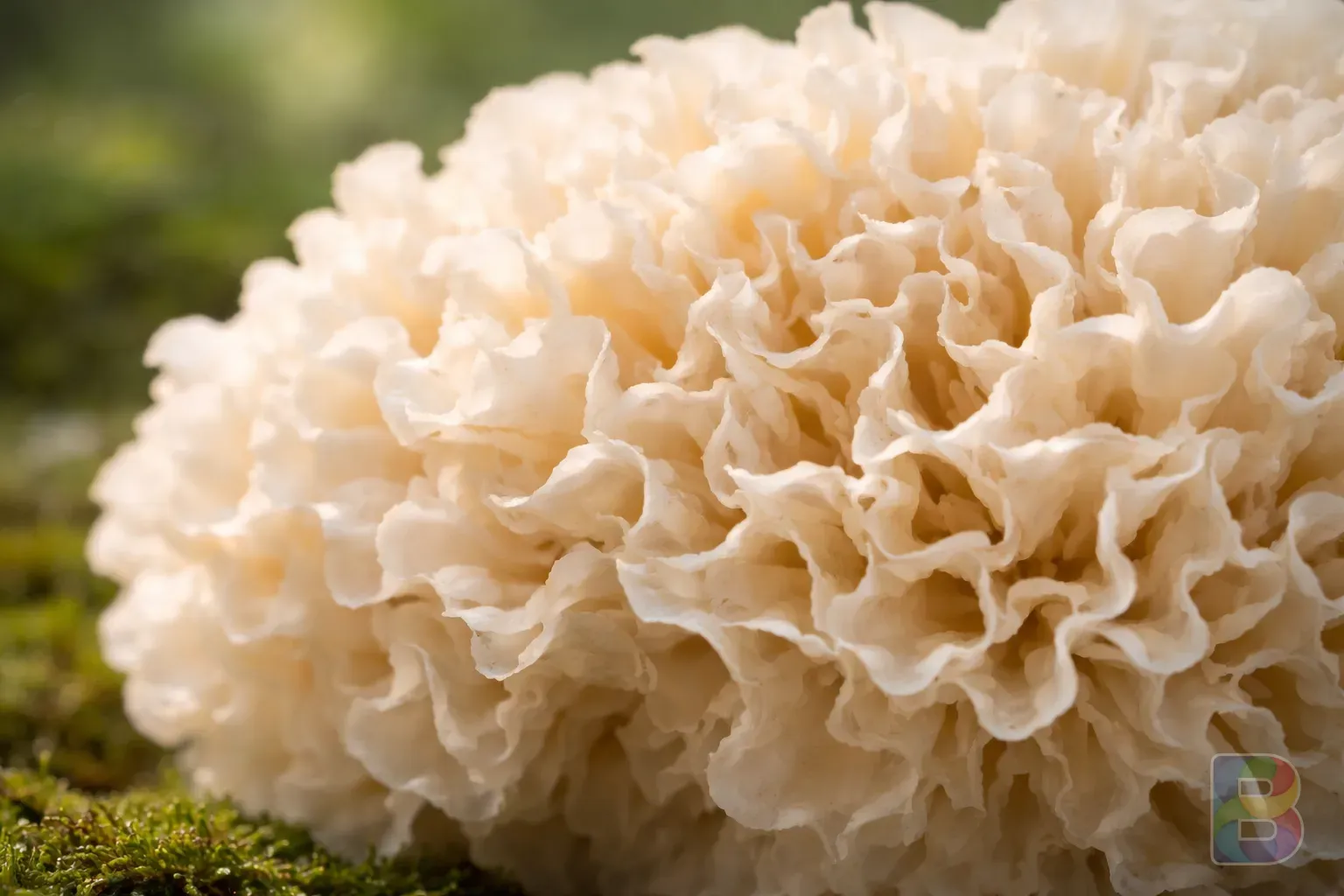photorealistic, macro shot of the intricate wavy structure of a Sparassis crispa mushroom, soft natural lighting, white on green background, high resolution, clinical but artistic vibe