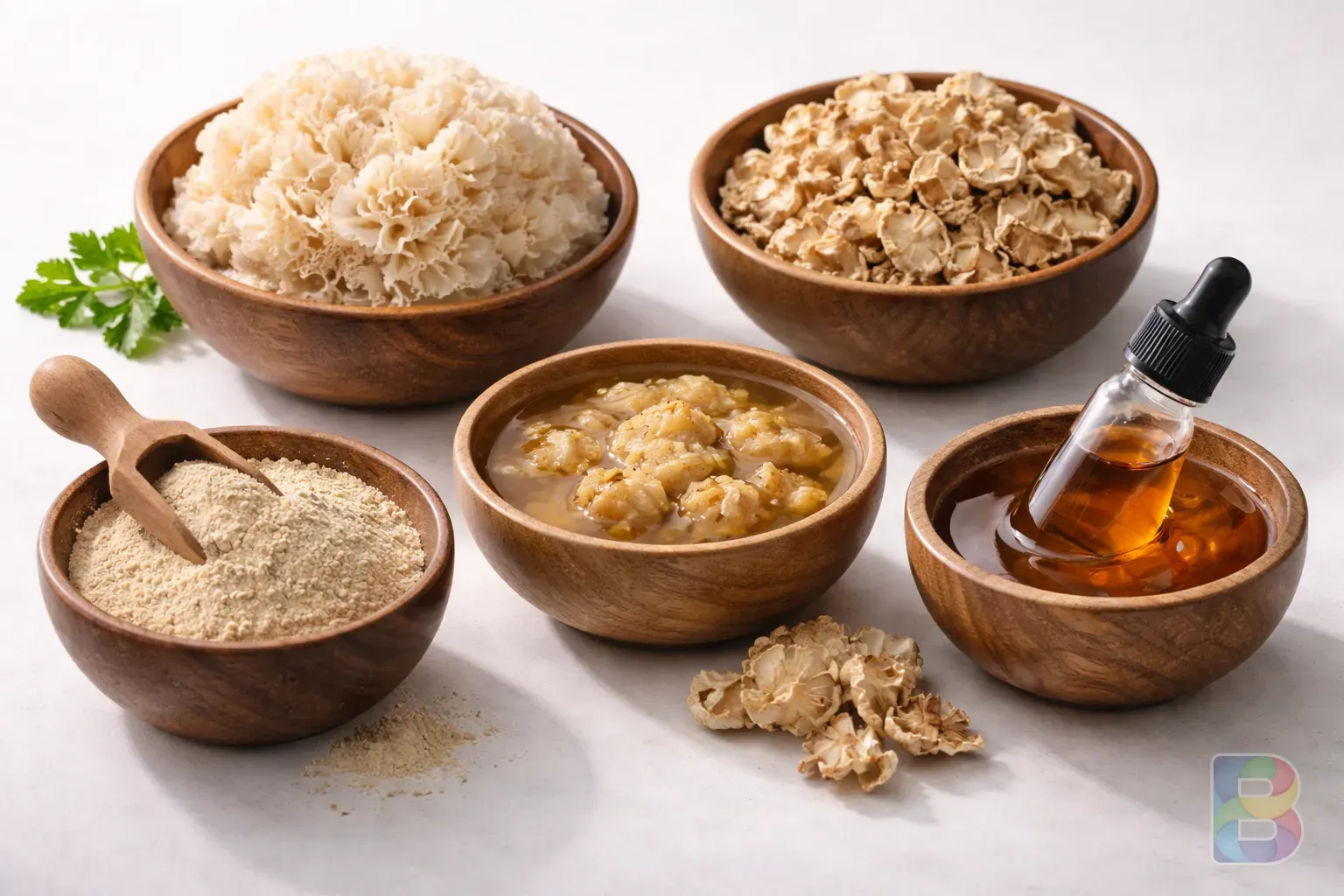 photorealistic, high angle shot of five wooden bowls containing different forms of cauliflower mushroom (fresh, dried, powder, tea, extract), clean white background, soft shadows