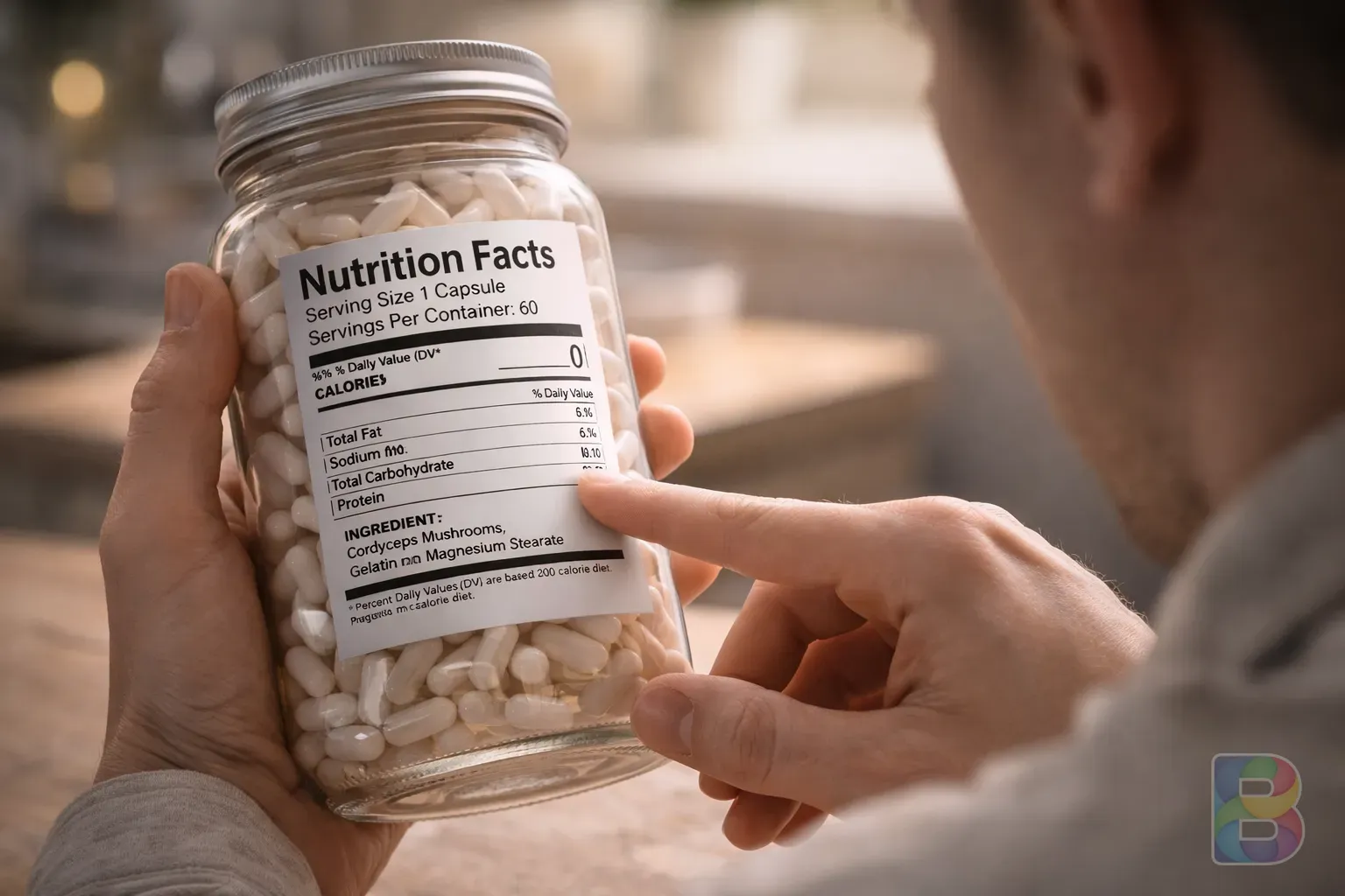 photorealistic, a person reading a nutrition label on a glass jar with focused attention, clinical but warm lighting, emphasis on safe consumption