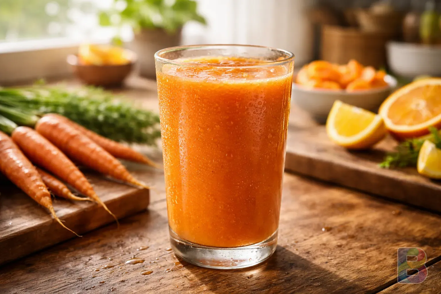 photorealistic, close-up of a glass filled with thick orange CCA juice, droplets on the glass, bright kitchen background, high detail, fresh and healthy atmosphere