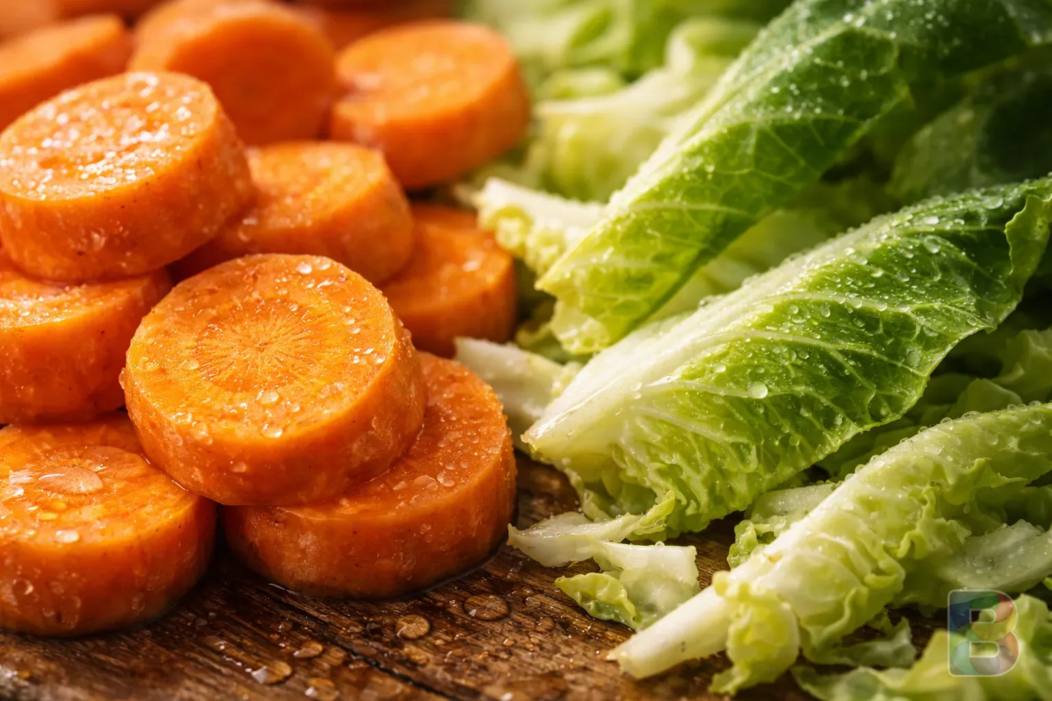 photorealistic, macro shot of sliced carrots and cabbage leaves with water droplets, vibrant colors, sharp focus, cinematic natural lighting