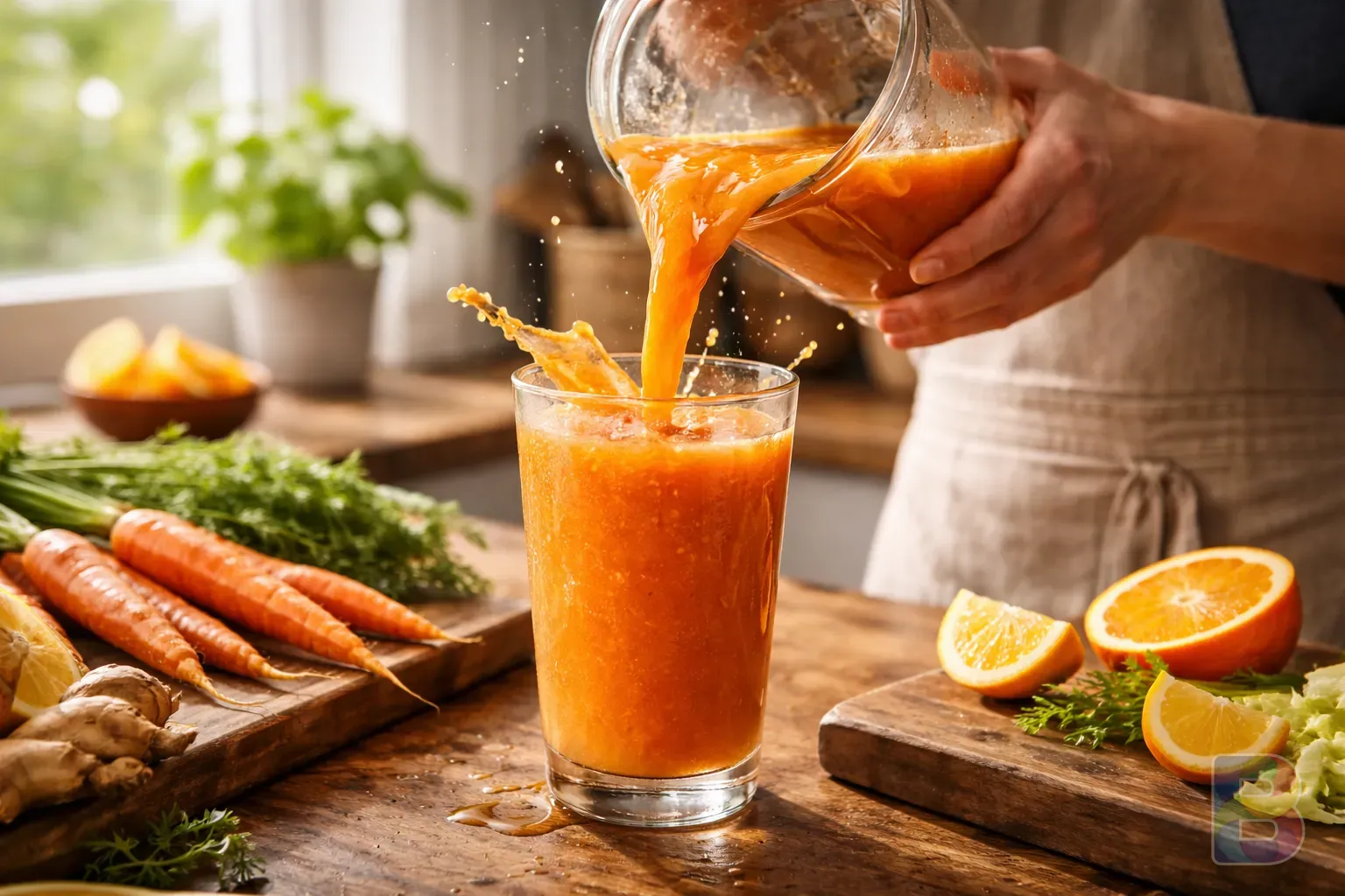 photorealistic, a person's hands pouring CCA juice into a glass in a bright modern kitchen, morning vibe, high speed photography, splashing effect