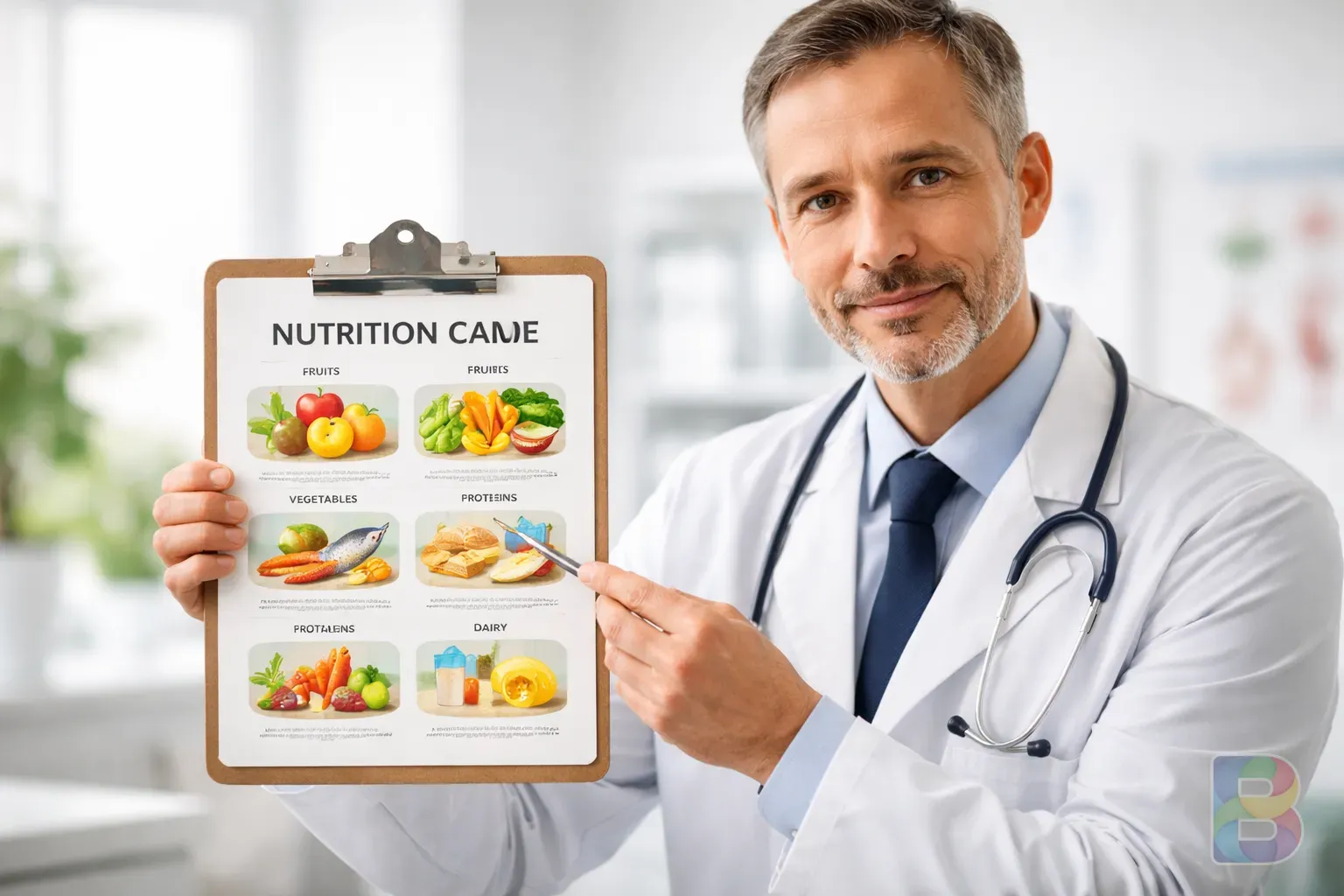 photorealistic, doctor in white coat pointing to a nutrition chart, clean clinical setting, professional and trustworthy atmosphere, shallow depth of field