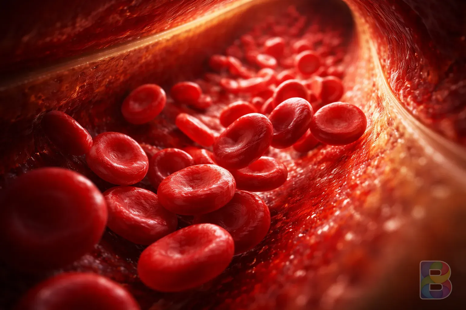 photorealistic, macro shot of red blood cells flowing through a clean artery, 3D medical visualization style, cinematic lighting, clear focus