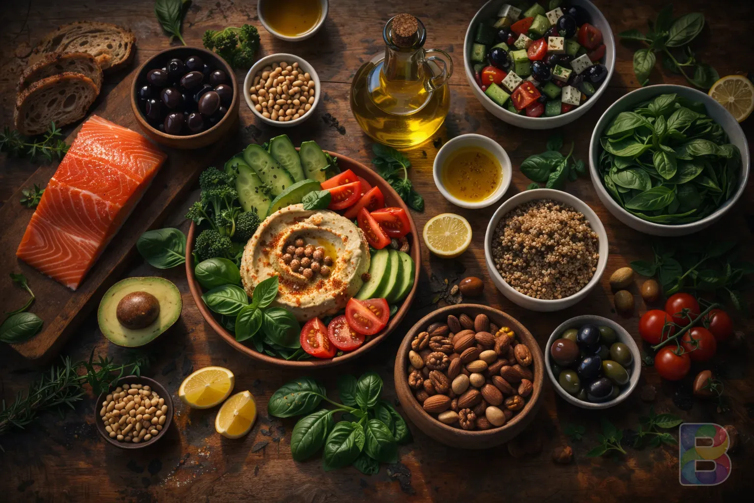 photorealistic, top down view of a Mediterranean diet spread, olive oil, nuts, green leafy vegetables, cinematic lighting, fresh and healthy mood