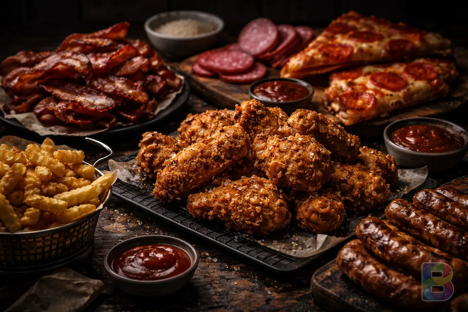 photorealistic, dark moody shot of salty processed meats and fried chicken, greasy texture, cinematic lighting, warning atmosphere