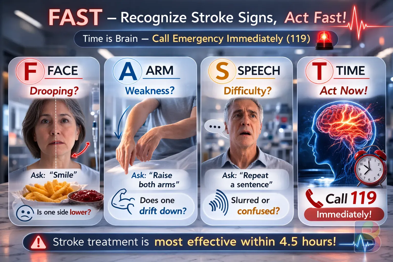 photorealistic, medical infographic concept of FAST stroke signs, clear typography, professional medical aesthetic, bright clinical lighting