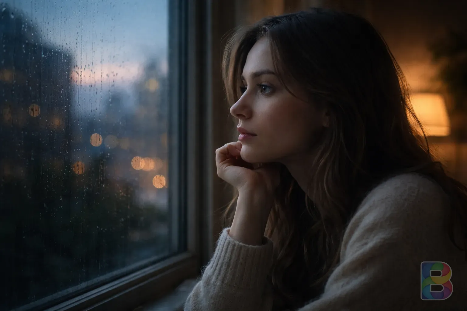 photorealistic, a woman looking out a window at dusk, soft moody indoor lighting, contemplative atmosphere, high detail