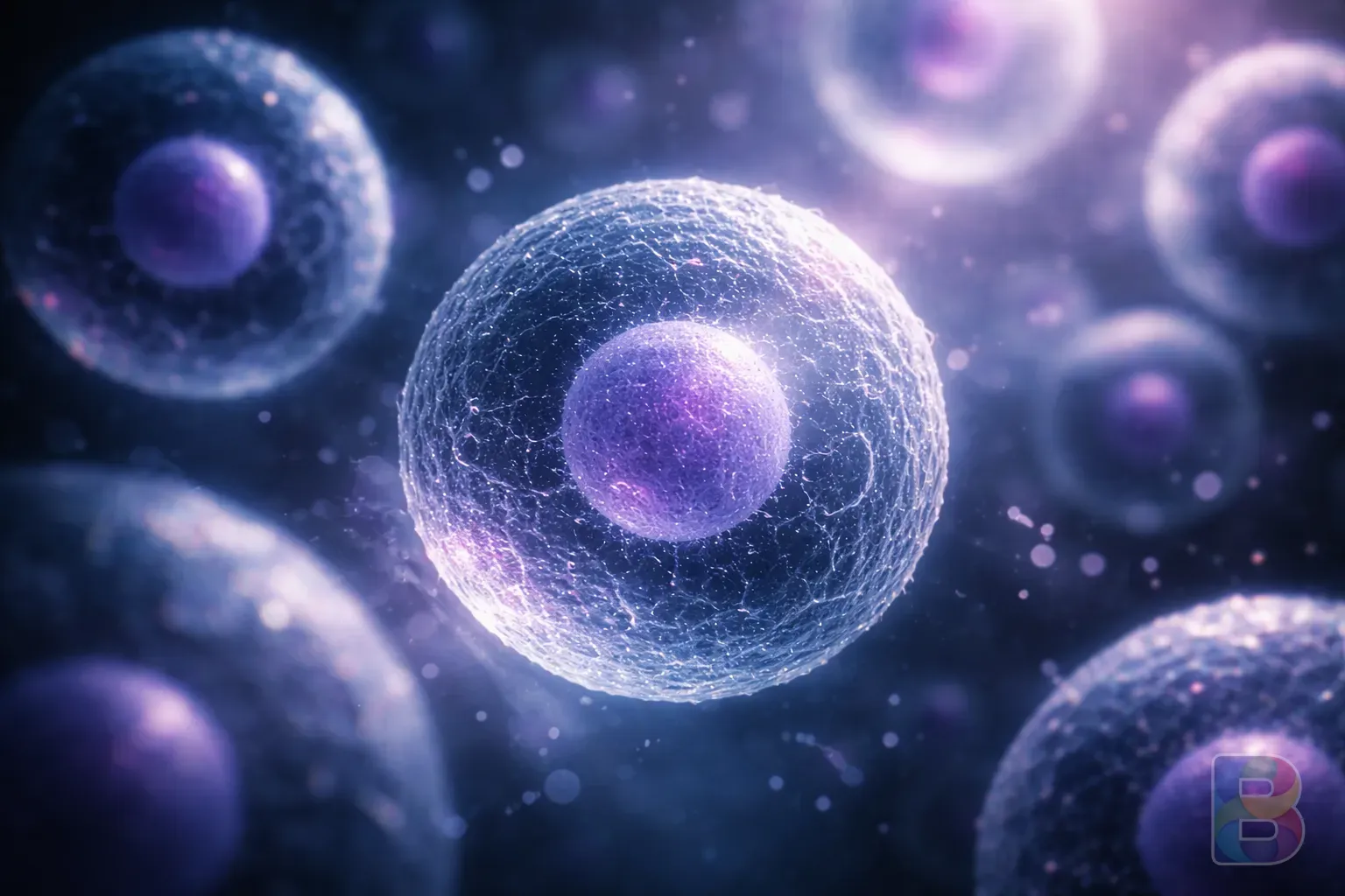 photorealistic, detail shot of a microscopic view of cells, artistic representation, soft blue and purple tones, cinematic lighting