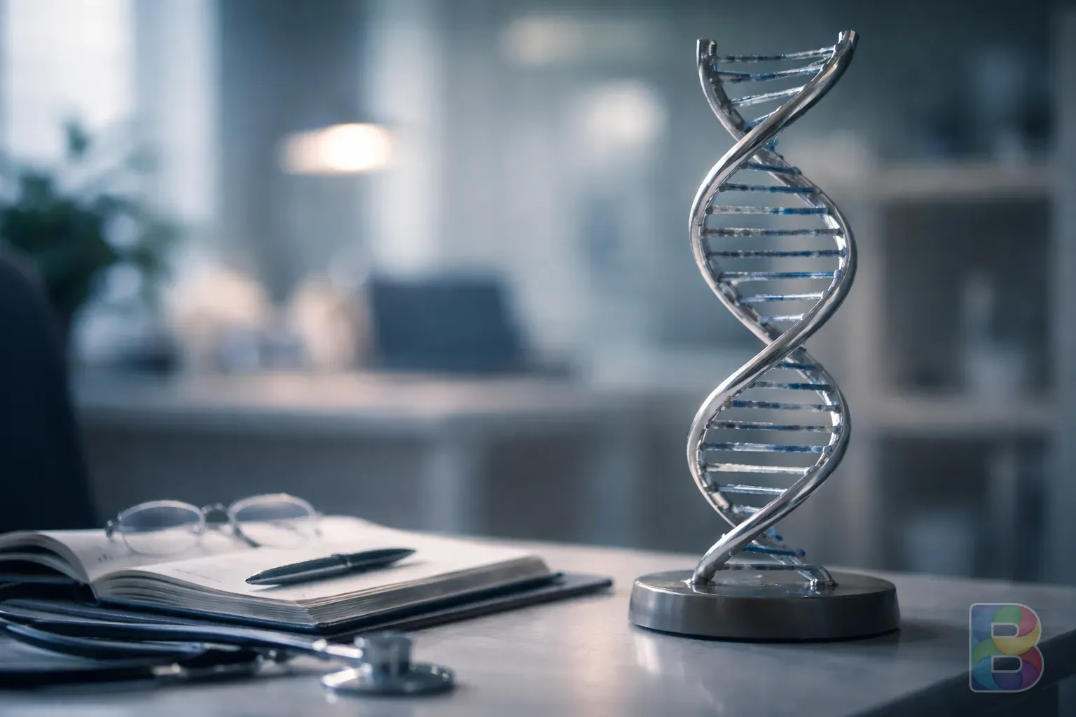 photorealistic, close-up of a DNA helix model on a doctor's desk, soft focus background, professional medical environment, cinematic lighting