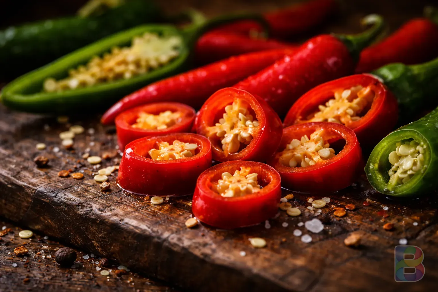 photorealistic, detail shot of sliced chili peppers showing seeds and inner texture, soft natural light, high contrast, culinary mood