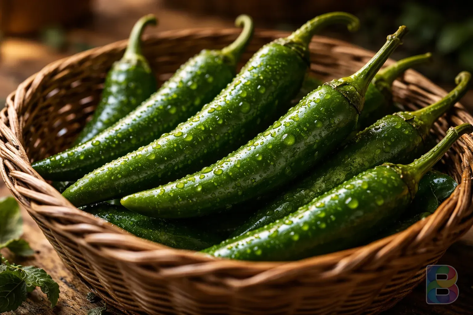 photorealistic, macro shot of green chili peppers in a wicker basket, soft morning light, earthy tones, cinematic lighting