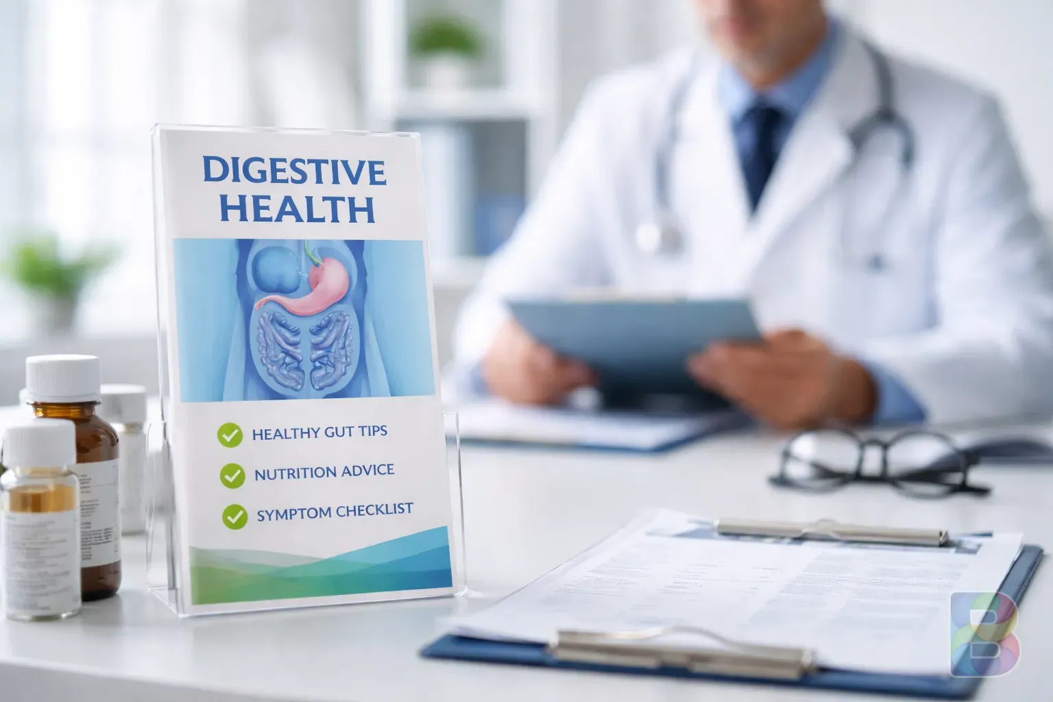 photorealistic, clinical setting with focus on a digestive health brochure, blurred doctor in background, clean professional mood