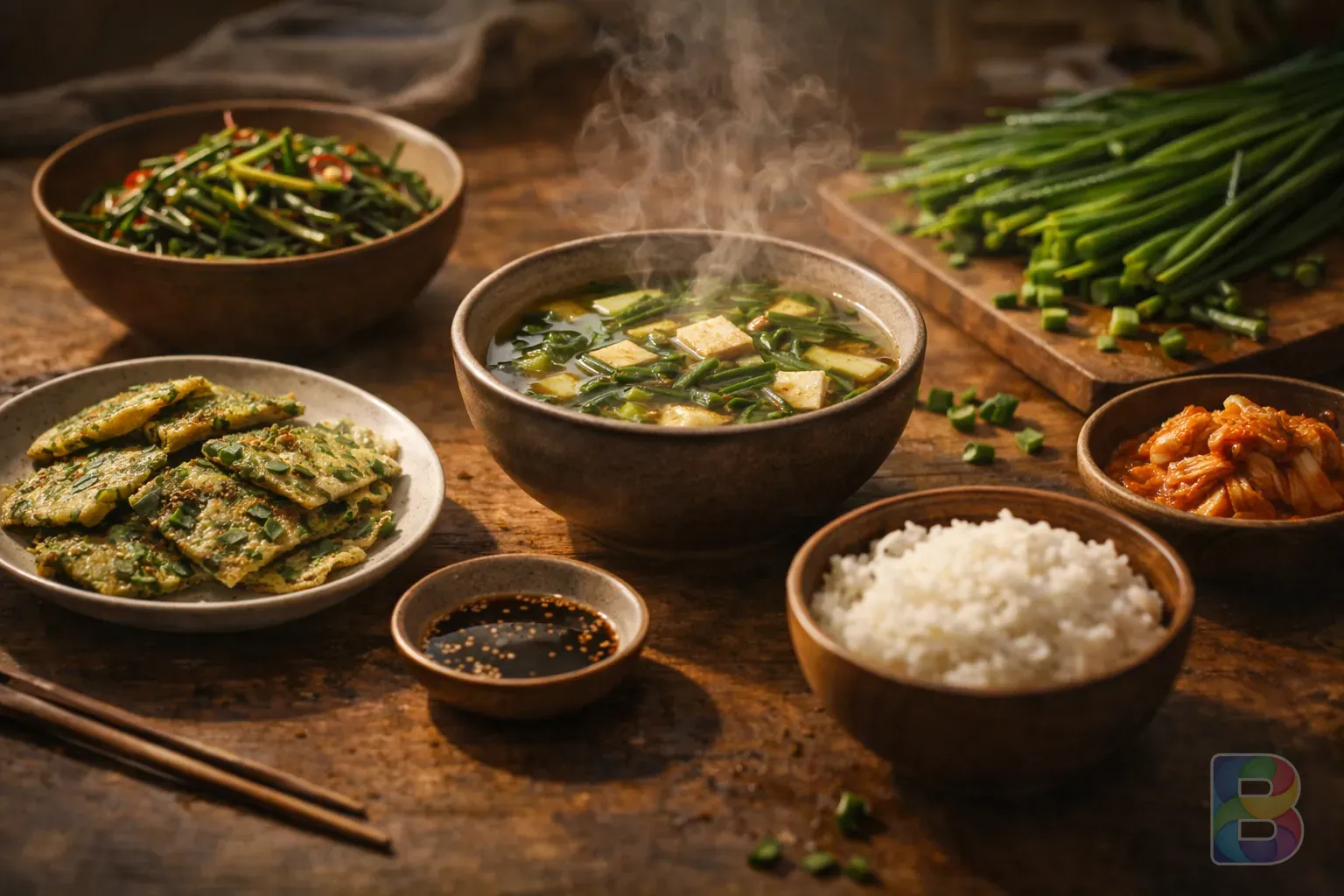 photorealistic, a wooden table set with various chive dishes, steam rising from a bowl of soup, warm homey atmosphere, cinematic lighting