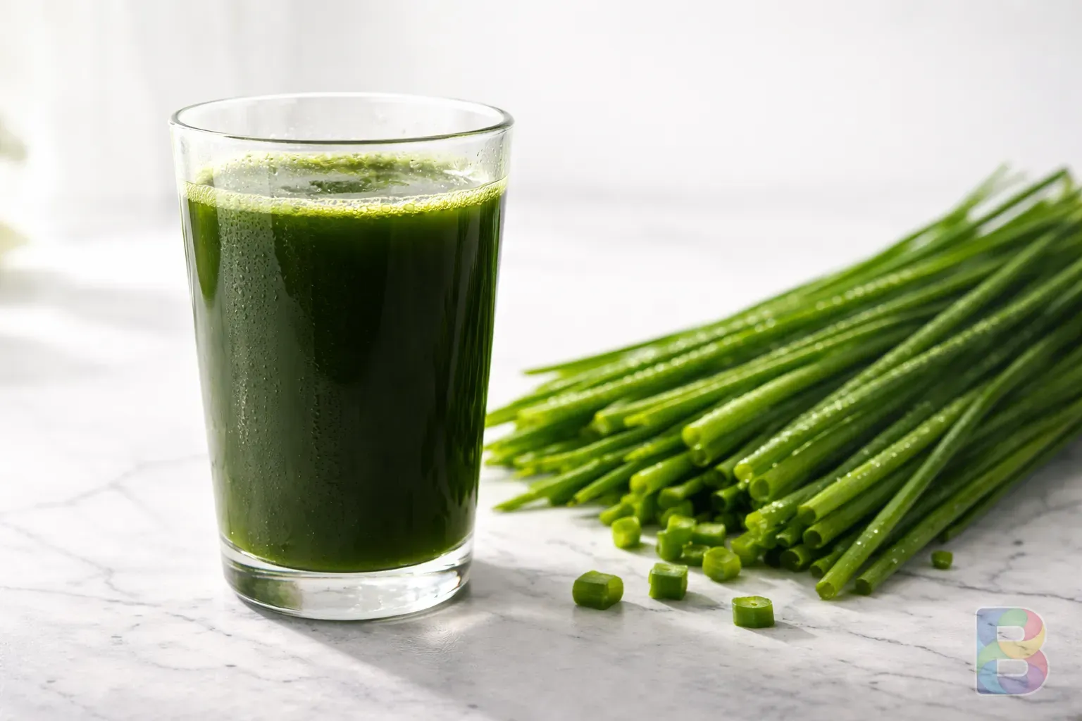 photorealistic, a glass of dark green chive juice next to a bunch of fresh chives, clean white background, minimalist clinical style, natural light