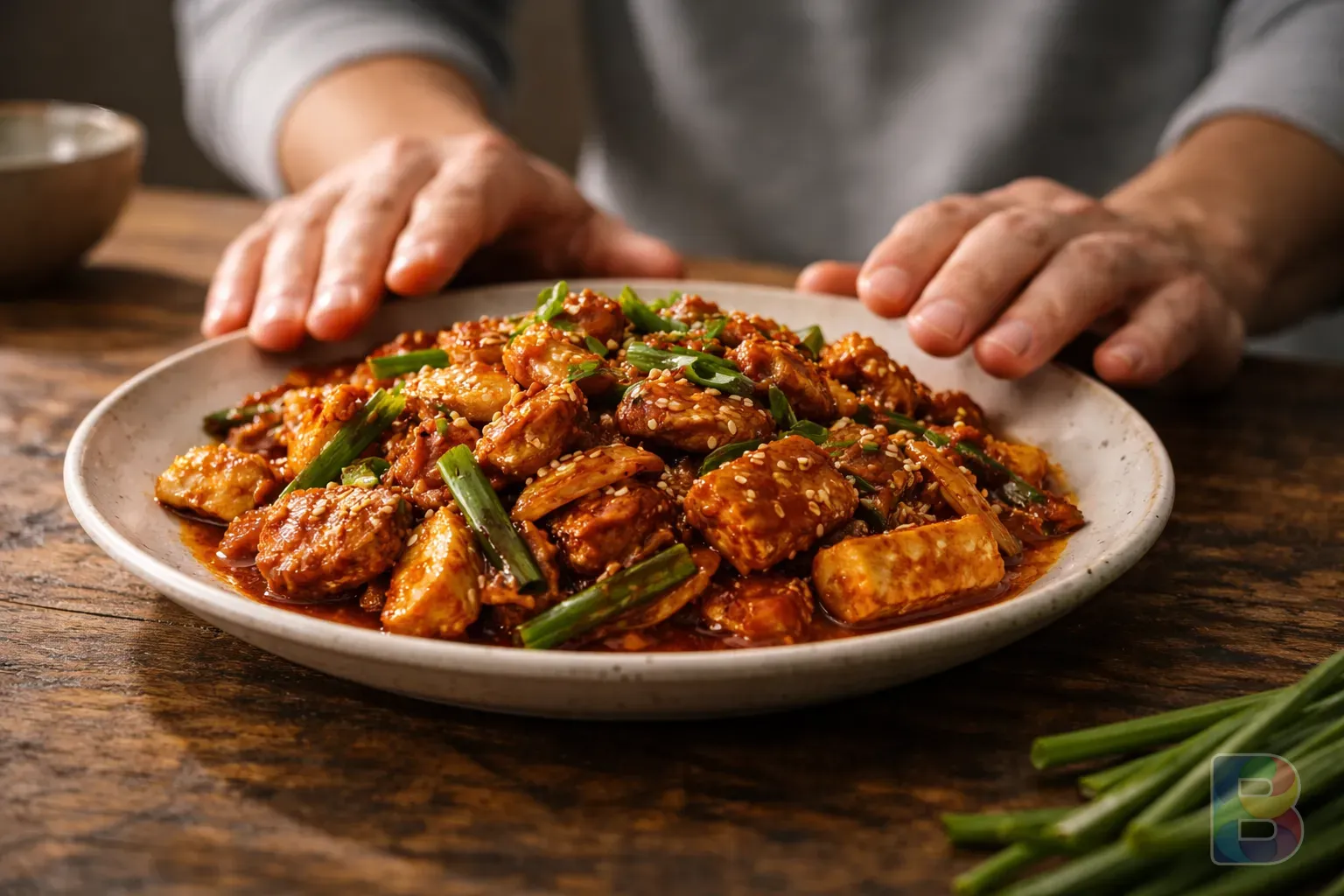 photorealistic, close-up of a person pushing away a plate of spicy food, soft cinematic lighting, focus on hands and texture of the plate, moody atmosphere