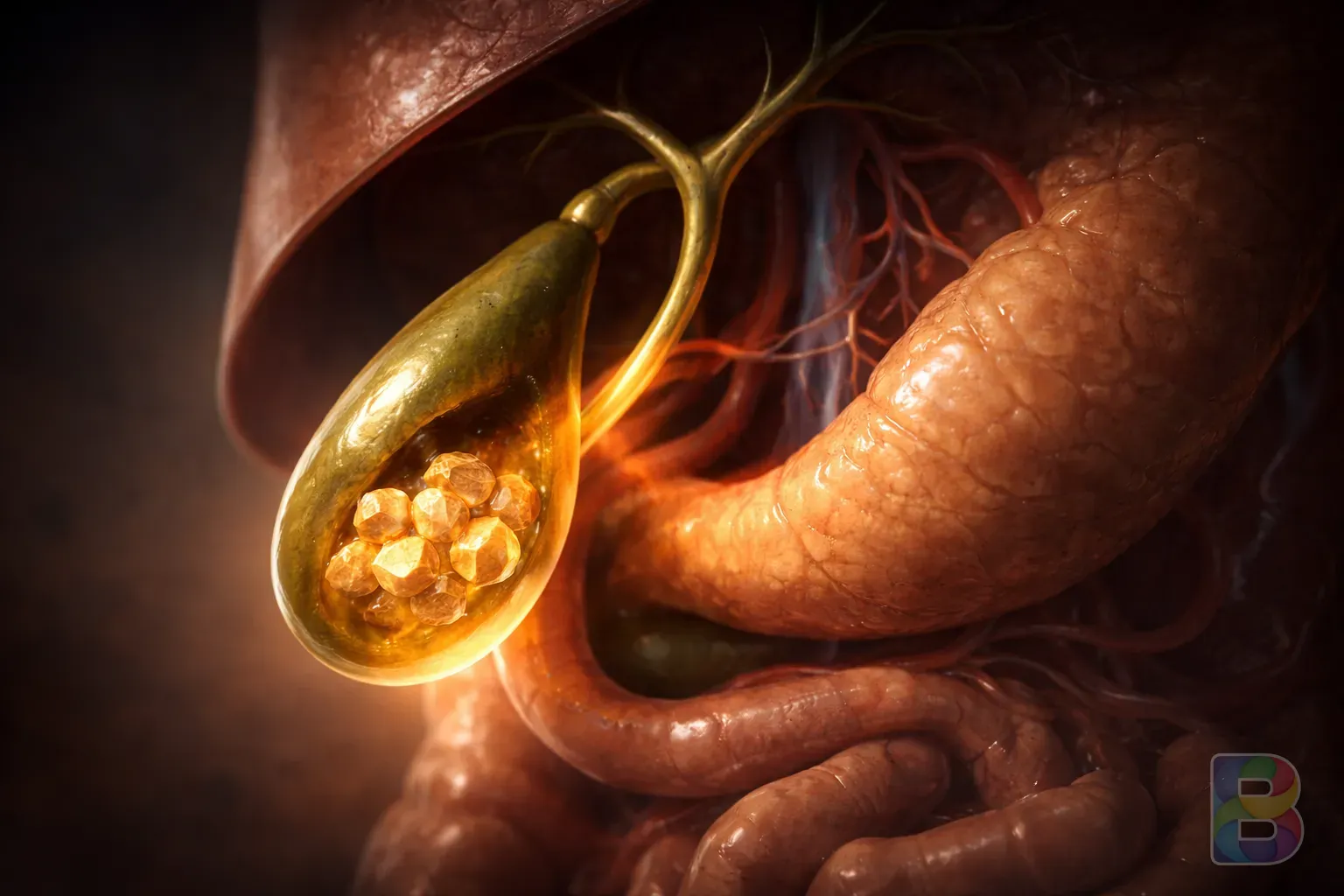 photorealistic, 3D medical illustration of a human gallbladder with gallstones, glowing amber tones, dark professional background, cinematic lighting