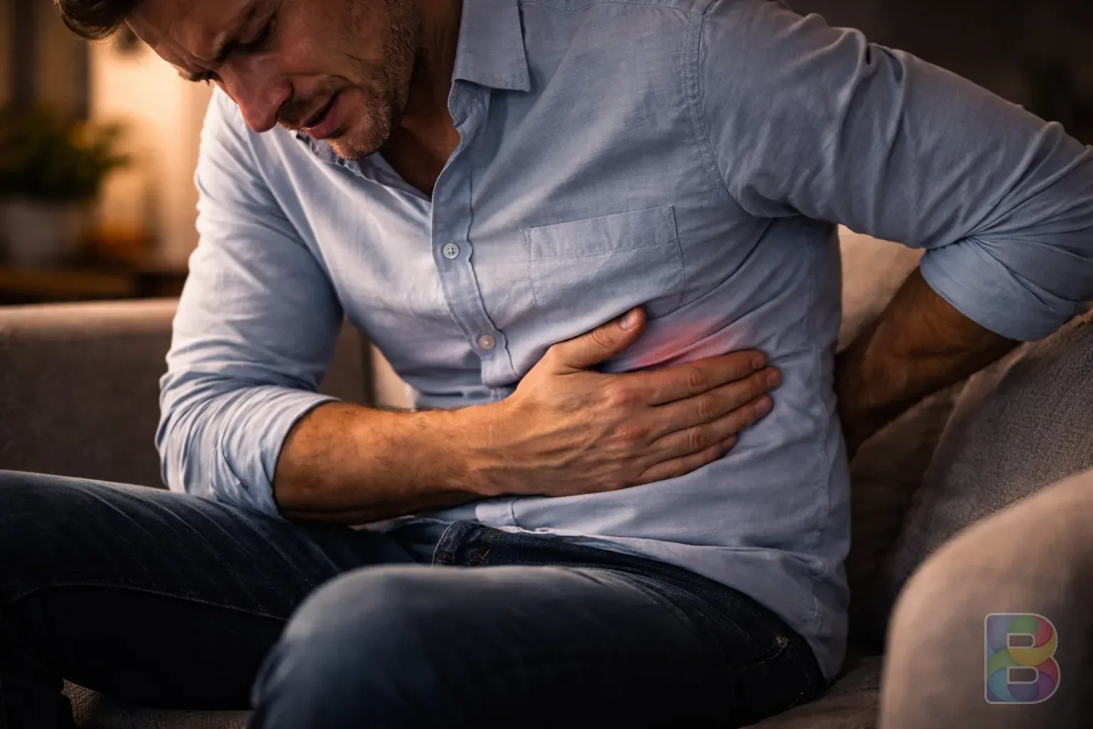 photorealistic, detail shot of a person sitting on a sofa holding their side, exhausted expression, moody cinematic lighting, shallow depth of field