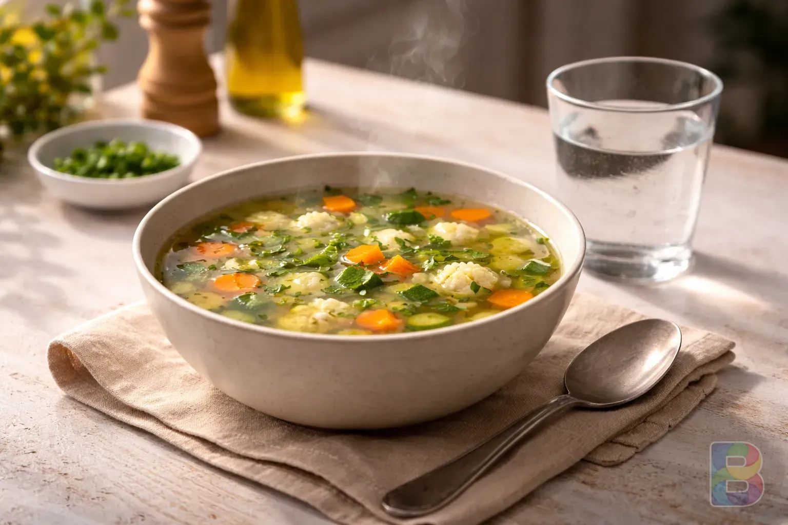 photorealistic, close-up of a steaming bowl of clear vegetable soup and a glass of water, minimalist kitchen setting, soft natural light, healing mood