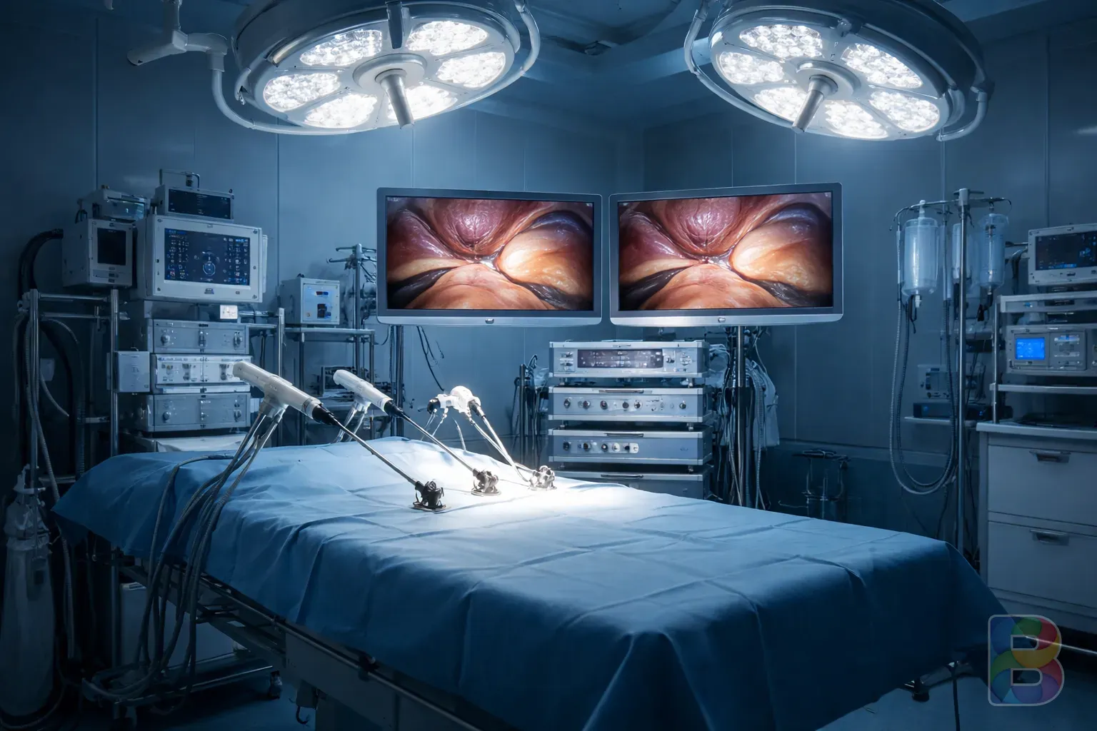 photorealistic, a modern operating room with laparoscopic equipment, clean clinical blue lighting, high-tech medical environment