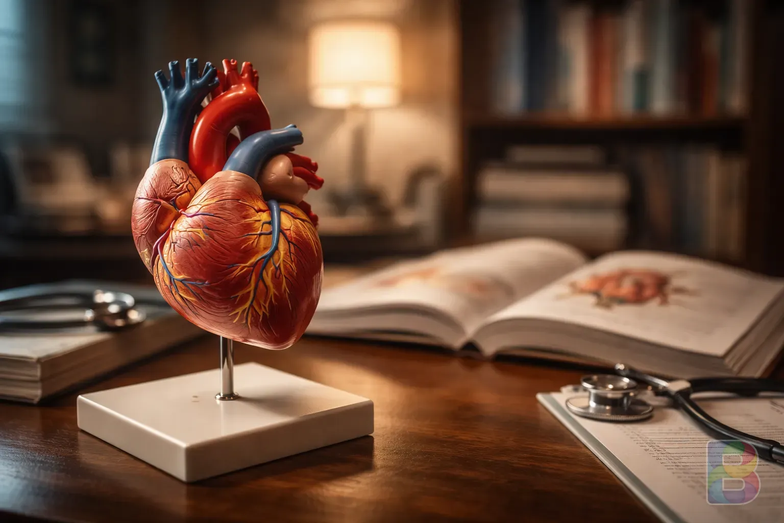 photorealistic, detail shot of an anatomical heart model on a wooden desk, soft focused medical books in background, warm professional lighting