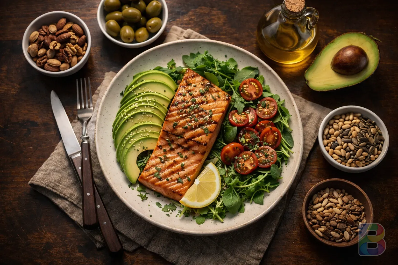 photorealistic, top down shot of a healthy Mediterranean meal with salmon, avocado, nuts, and olive oil, vibrant colors, cinematic food photography