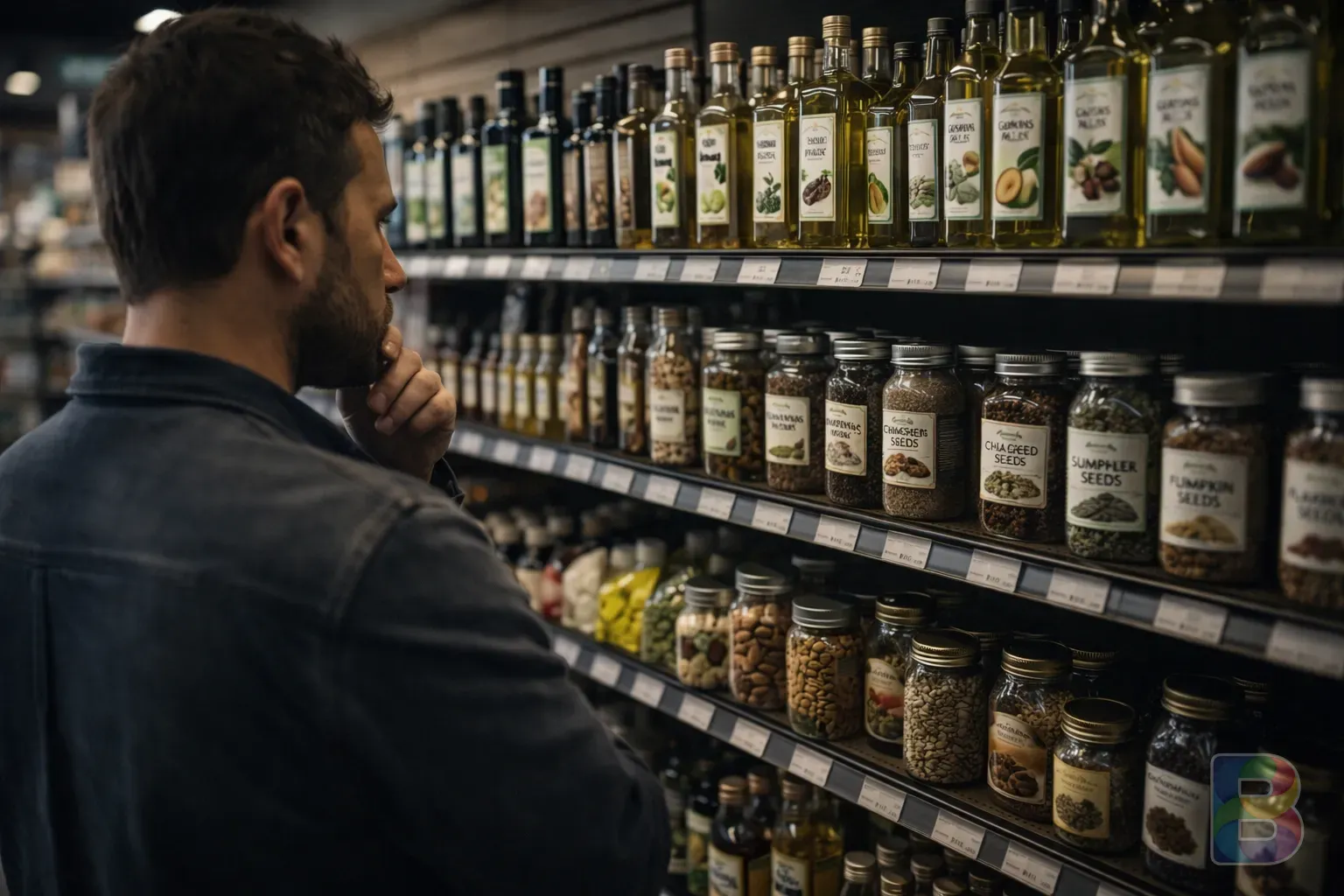photorealistic, a person looking thoughtfully at a grocery store shelf with various oils and seeds, soft natural lighting, reflective mood