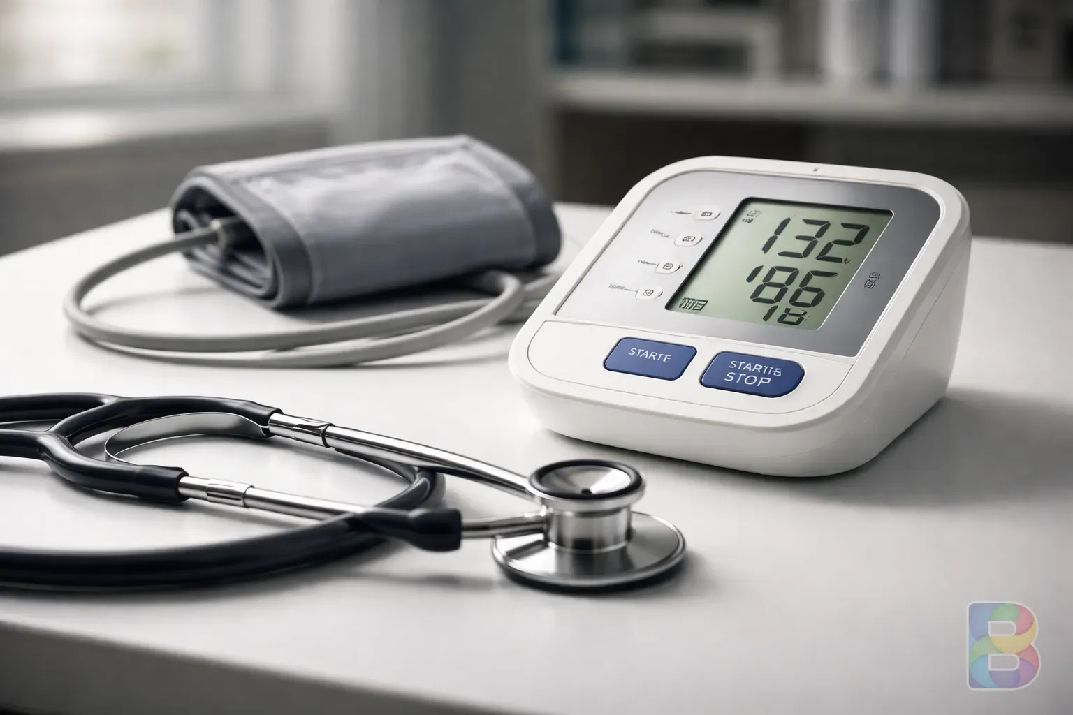photorealistic, close-up of a blood pressure monitor and a stethoscope on a clean white table, clinical professional atmosphere, cinematic lighting