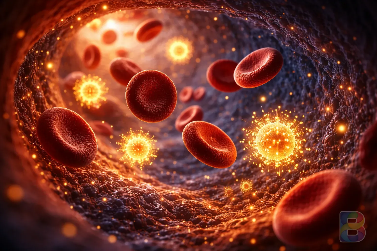 photorealistic, 3D medical illustration of red blood cells moving through an artery with glowing golden anti-inflammatory particles, microscopic view, cinematic lighting, blue and orange tones