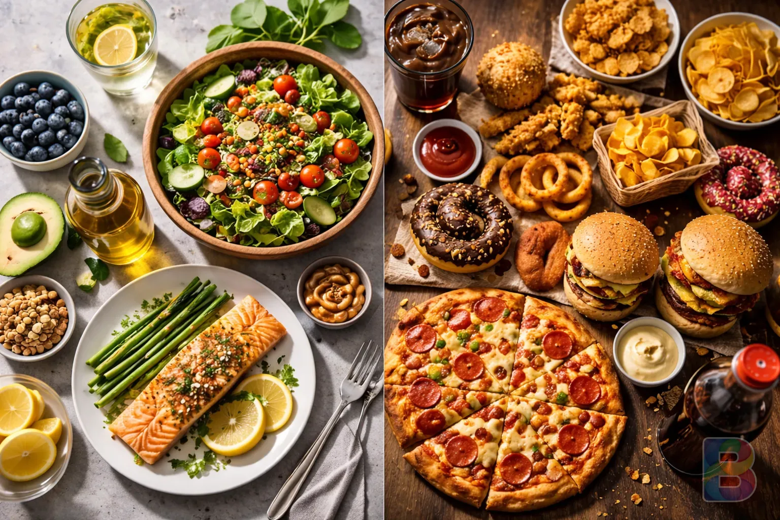 photorealistic, top-down view of a modern kitchen table divided in two: one side with colorful healthy salad and salmon, the other side with greasy fried food and sugary drinks, high contrast, cinematic lighting