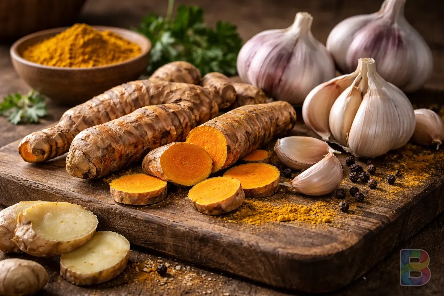 photorealistic, close-up of fresh turmeric root, ginger, and garlic on a wooden board, warm natural lighting, earthy tones, high detail
