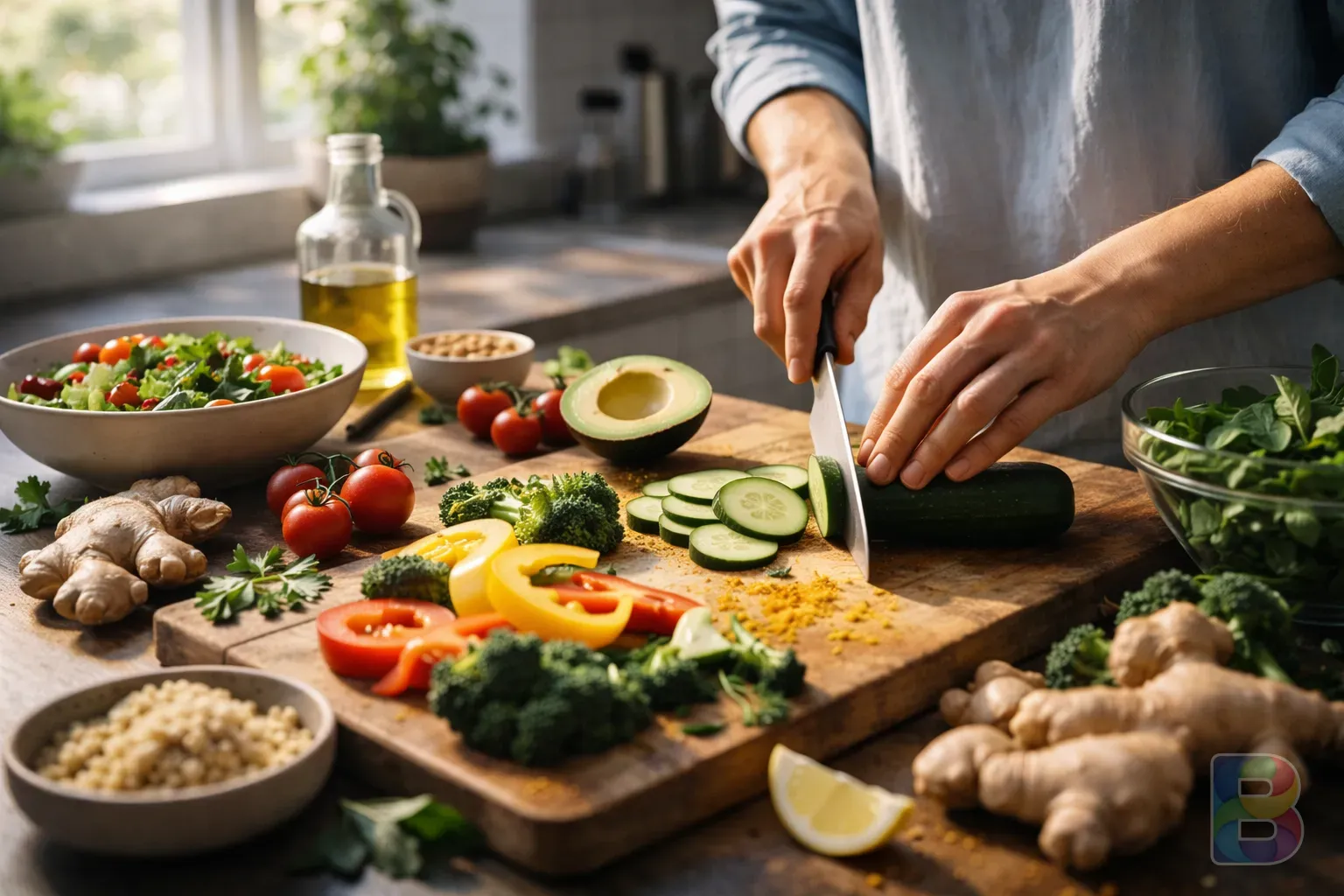 photorealistic, a person preparing a healthy meal with fresh ingredients in a bright sunlit kitchen, focus on the hands chopping vegetables, lifestyle health photography