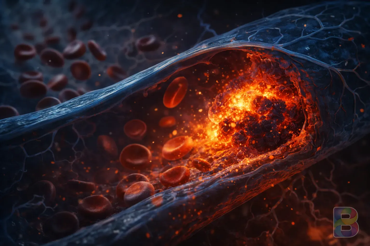 photorealistic, conceptual illustration of inflammation as a tiny glowing ember inside a human vascular system, microscopic view, cinematic lighting, blue and orange contrast