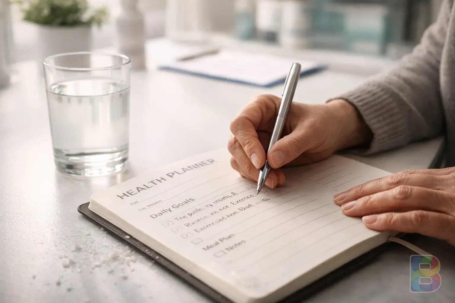 photorealistic, close-up of a person taking notes in a health planner next to a glass of water, bright airy clinical background, organized and hopeful mood
