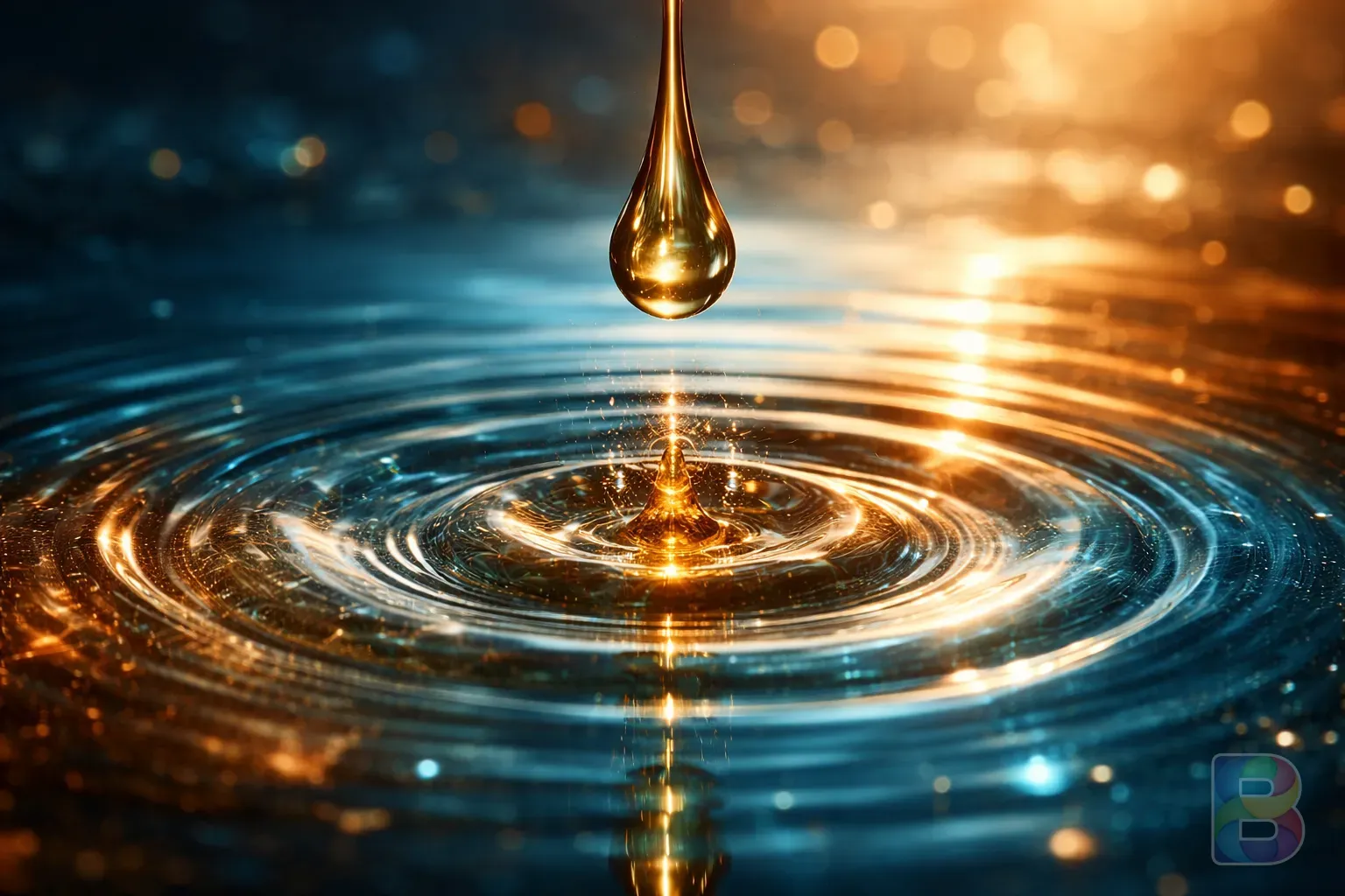 photorealistic, close-up of a drop of oil falling into water creating ripples, abstract representation of cellular inflammation and calming effect, blue and amber tones, cinematic lighting