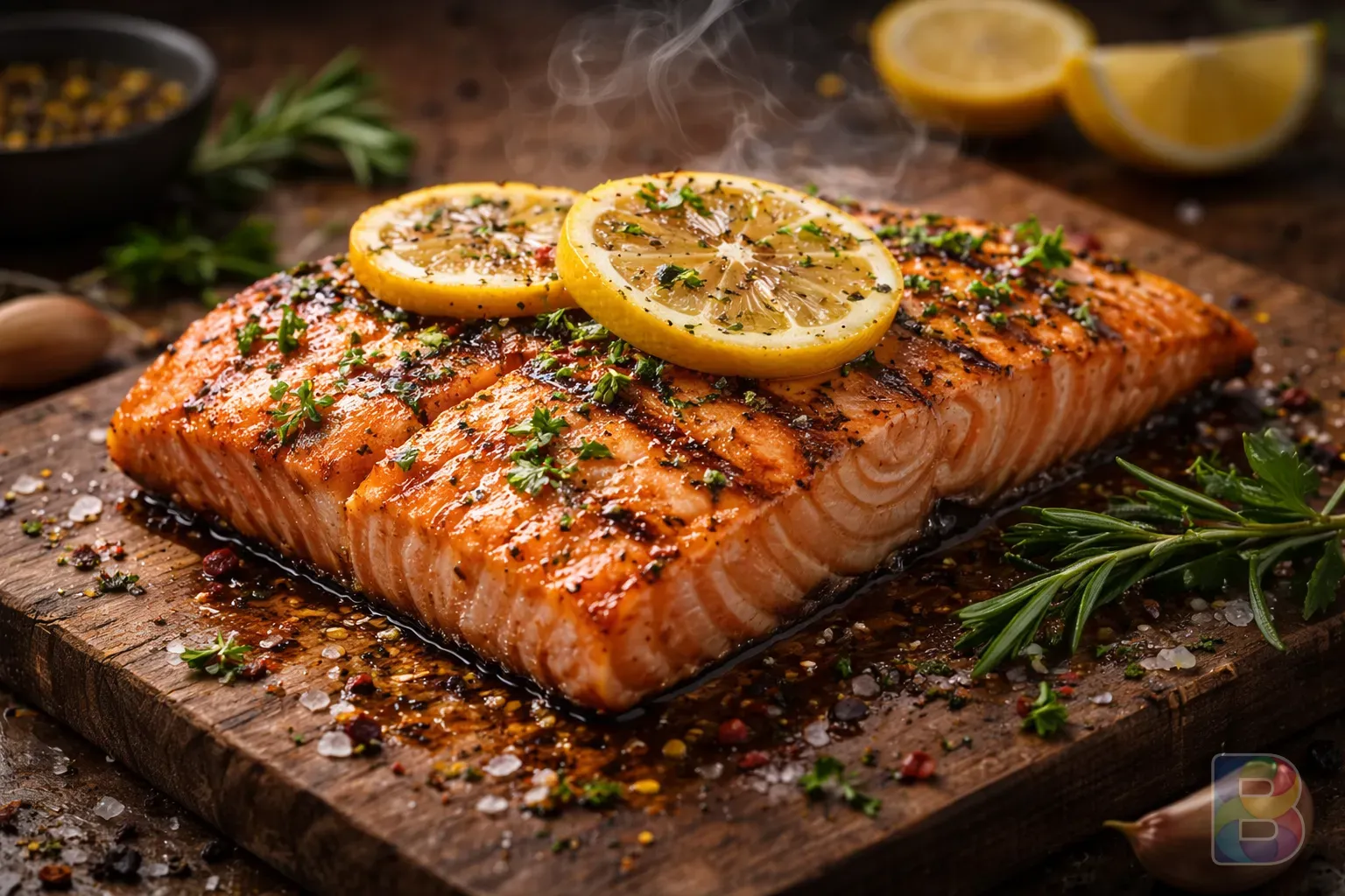photorealistic, detail shot of fresh grilled salmon with lemon and herbs, steam rising, high detail food photography, warm tones, cinematic lighting