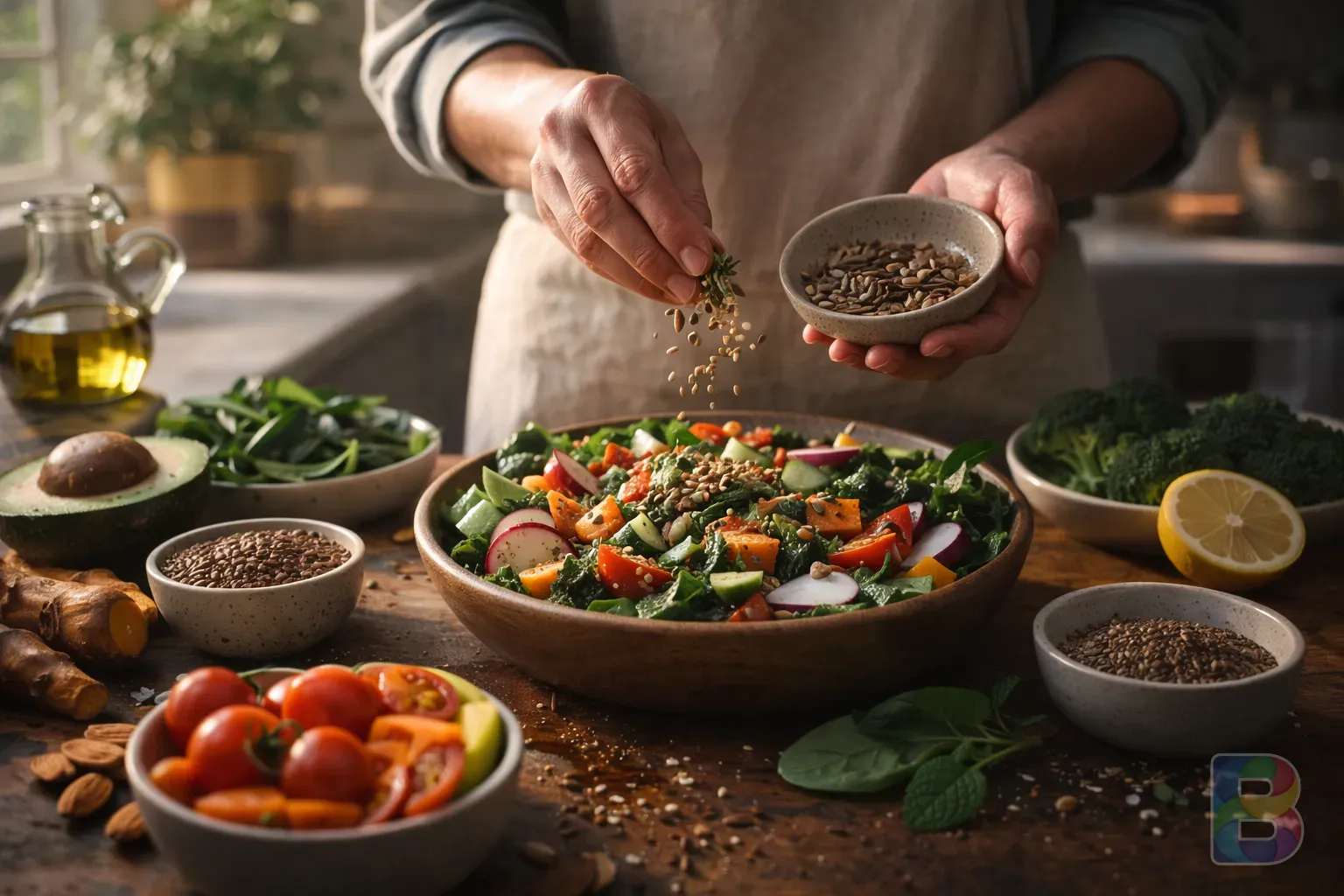 photorealistic, person preparing a healthy salad with various seeds and colorful vegetables in a sunlit kitchen, focus on hands and fresh ingredients, cozy atmosphere