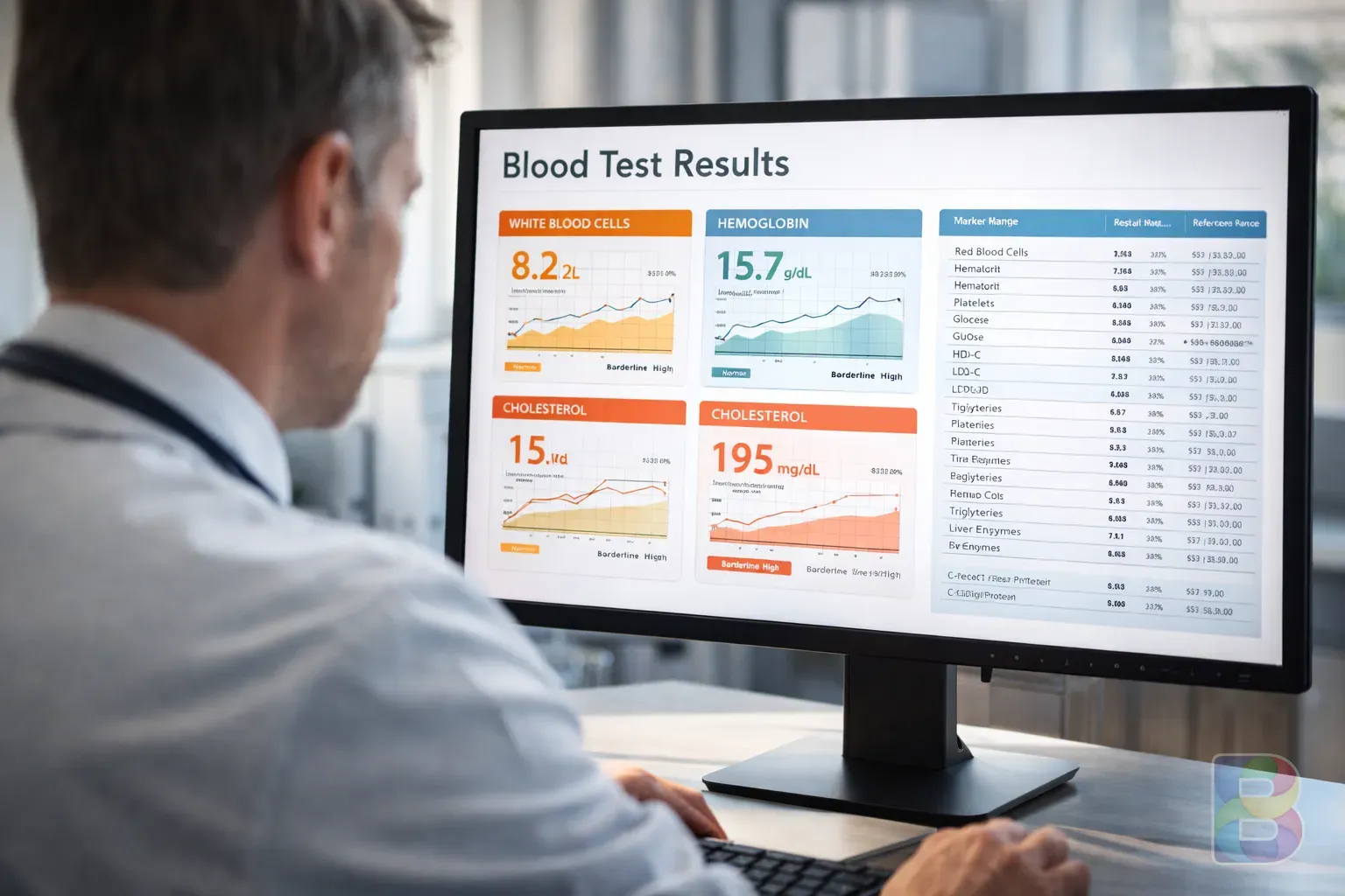 photorealistic, focused doctor looking at blood test results on a screen in a bright office, professional and calm environment, close-up on the screen showing charts