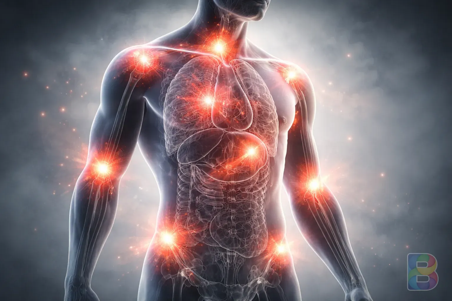 photorealistic, conceptual illustration of inflammation in the human body as soft red glowing points, clean medical background, cinematic lighting