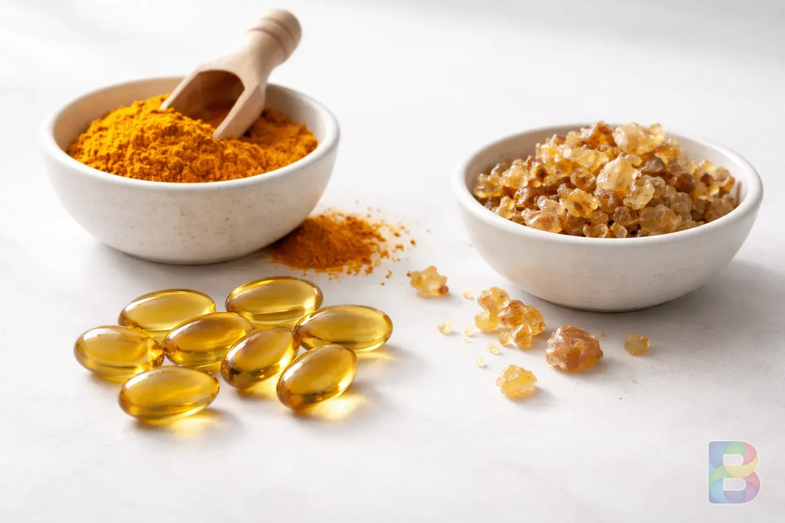 photorealistic, high-quality fish oil capsules, turmeric powder, and boswellia resin on a minimalist white surface, sharp focus, clean clinical aesthetic