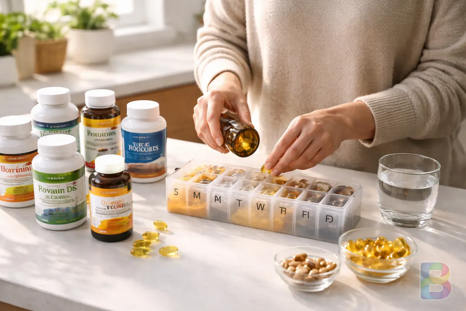photorealistic, a person organizing vitamin bottles into a weekly pill organizer on a clean kitchen counter, bright natural light, organized lifestyle