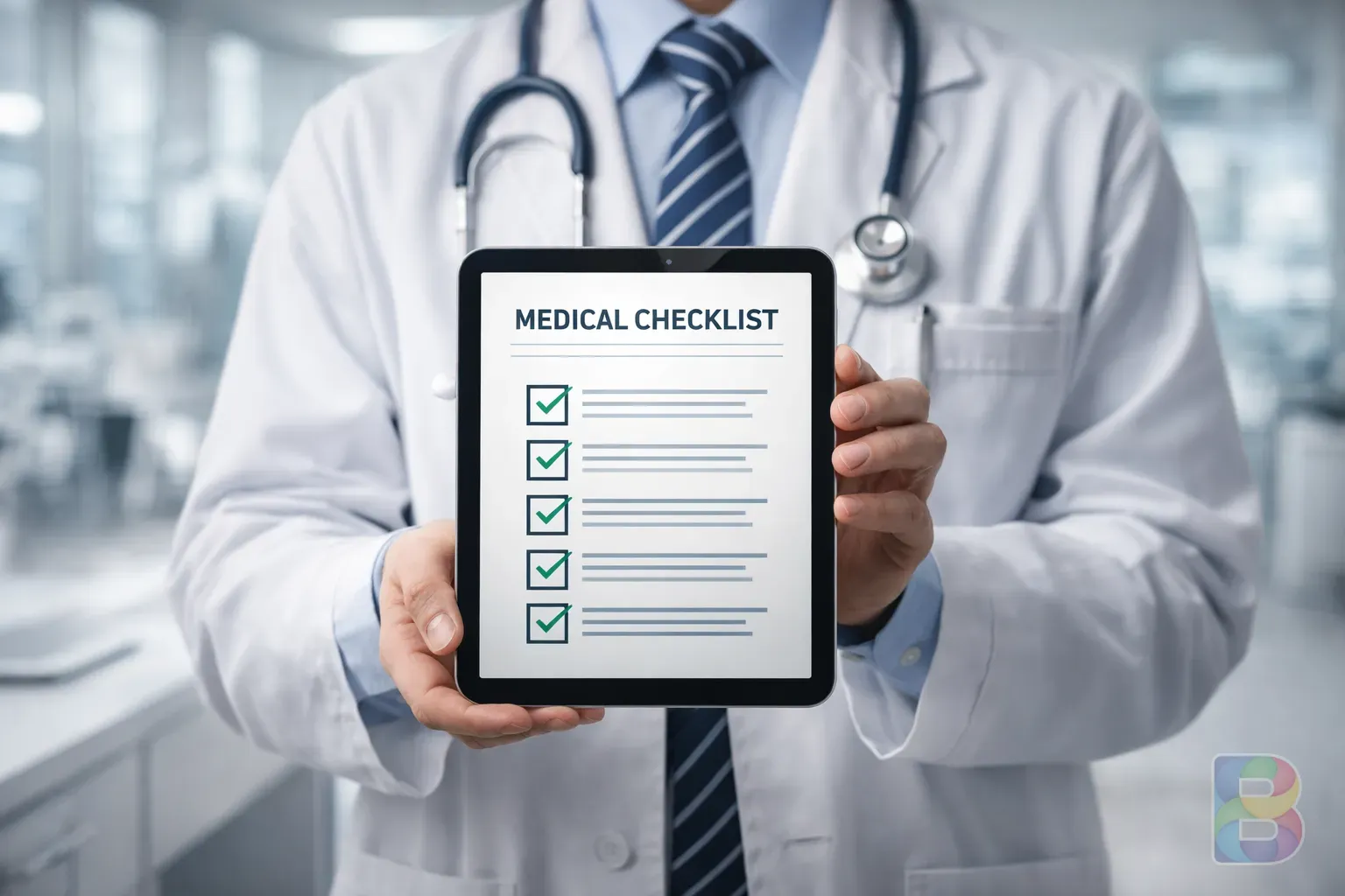photorealistic, doctor holding a tablet displaying a medical checklist, modern clinic background, professional and reassuring environment