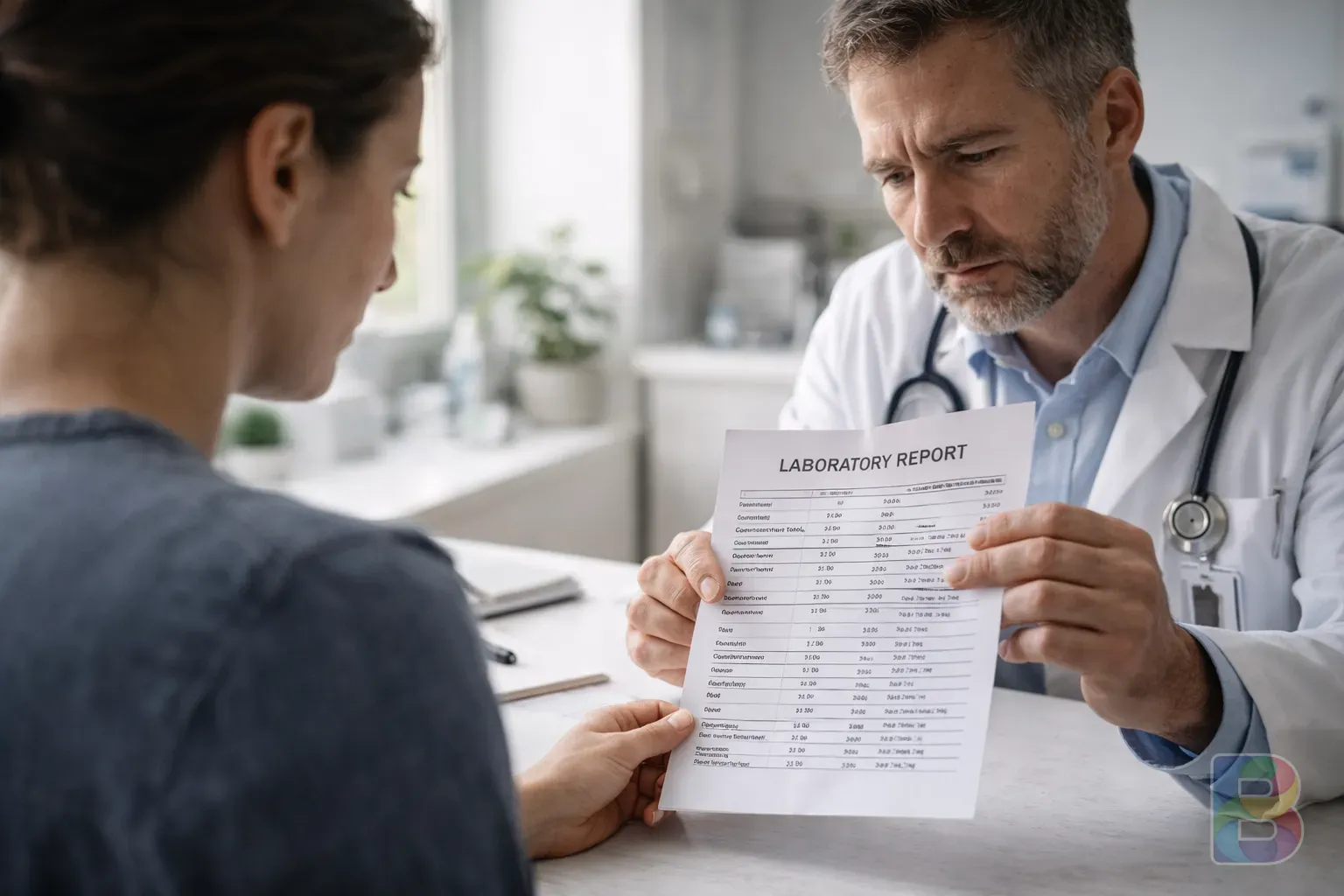 photorealistic, a patient looking at a lab report with a doctor in a bright consultation room, focused and serious atmosphere, high detail