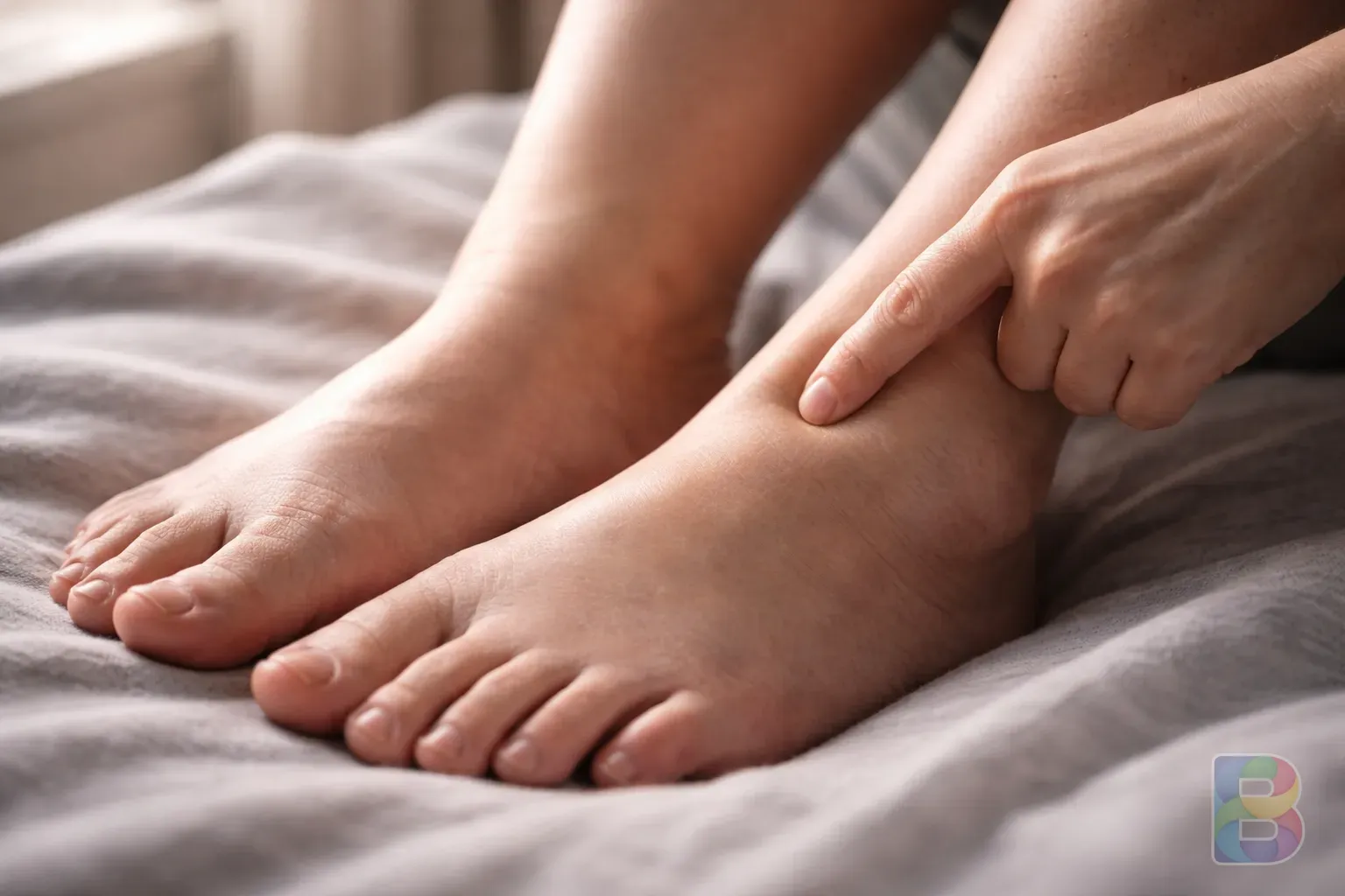 photorealistic, a person looking at their swollen ankles and pressing the skin with a finger, soft daylight, focus on the skin texture, cinematic lighting