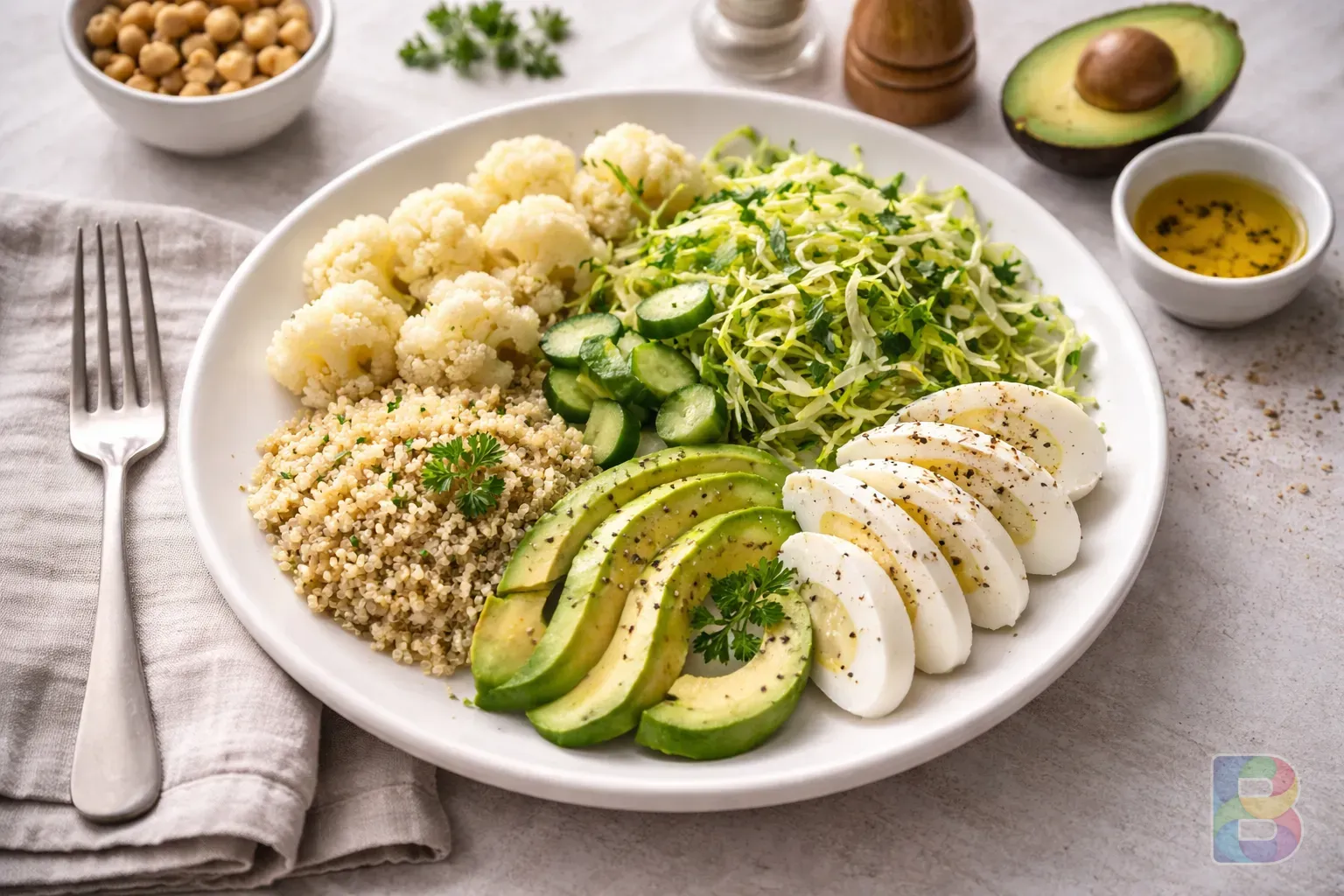photorealistic, top view of a carefully arranged kidney-friendly meal, low salt, fresh vegetables like cabbage, boiled egg white, clean and bright aesthetics, cinematic lighting