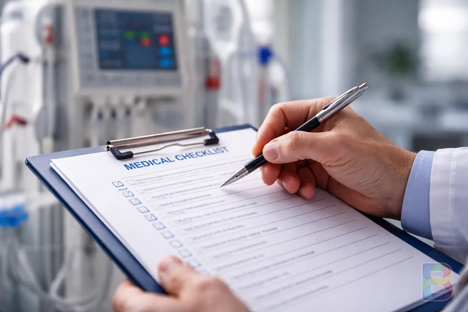photorealistic, a doctor's hand holding a pen over a medical checklist, blurry background of a dialysis machine, professional and serious mood, cinematic lighting
