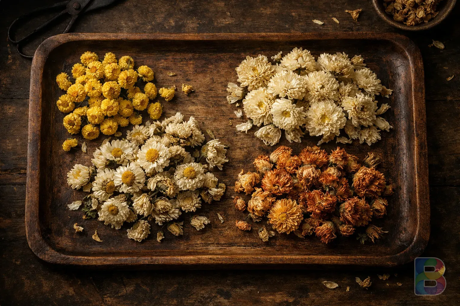 photorealistic, top-down view of different types of dried chrysanthemum flowers, small yellow cam-guk and wild san-guk on a wooden tray, cinematic lighting, earthy tones