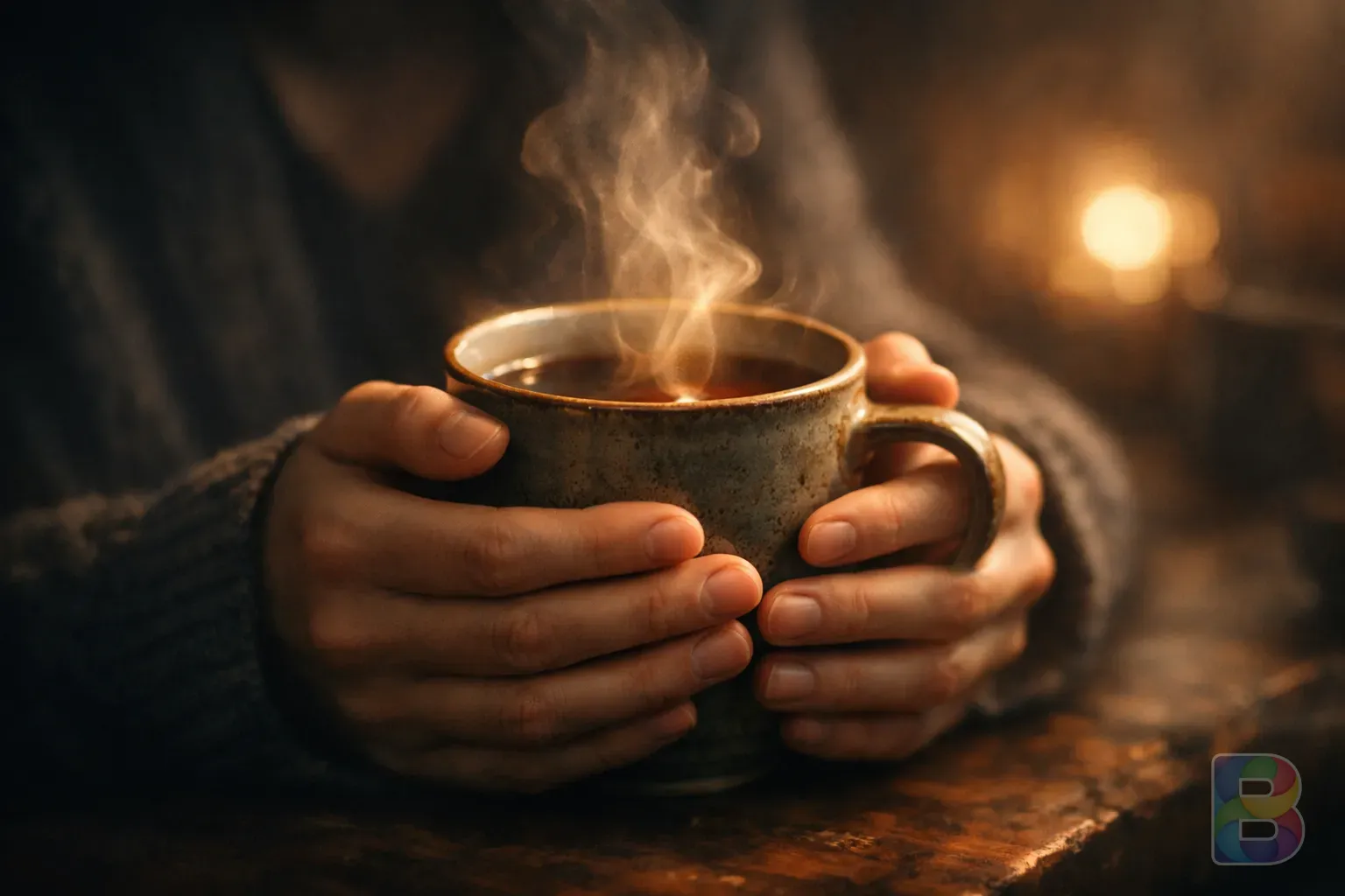 photorealistic, close-up of a person's hands holding a warm tea cup, steam glowing in the light, soft focused background, cinematic atmosphere